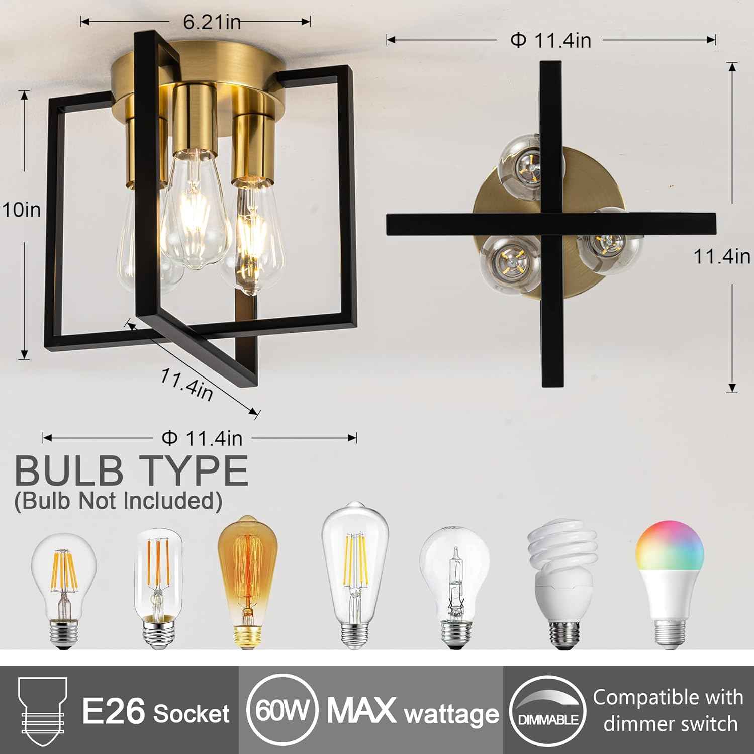 Brushed Nickel 3-Light Flush Mount Ceiling Light Fixture - Modern Geometric Design for Living Room, Kitchen, Dining Room, and Hallways