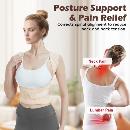 LuxuMach Posture Corrector for Women & Men, Full Back Brace Support with Adjustable Shoulder Straightener, Lower & Upper Back Pain Relief - Scoliosis, Hunchback, Spine Corrector (Beige, Medium)