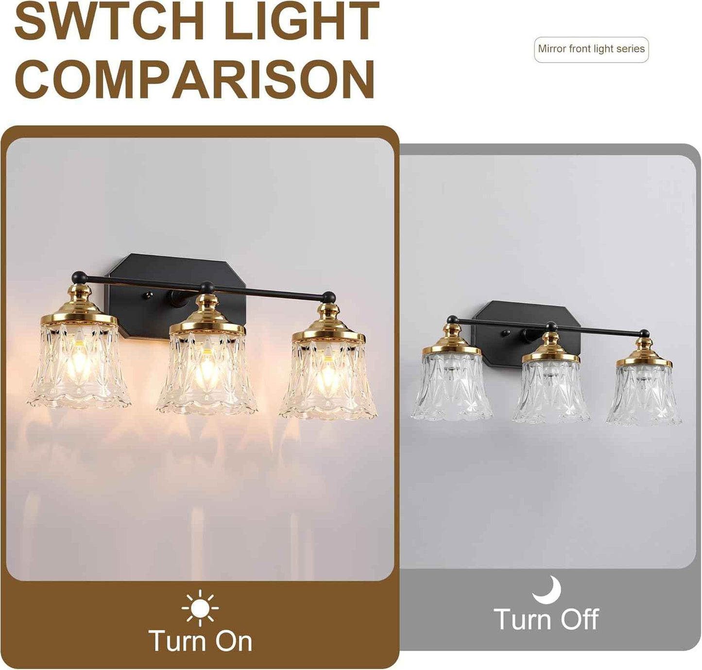 3-Light Vintage Bathroom Vanity Light Fixture - Black & Gold Antique Design with Crystal Glass Shade