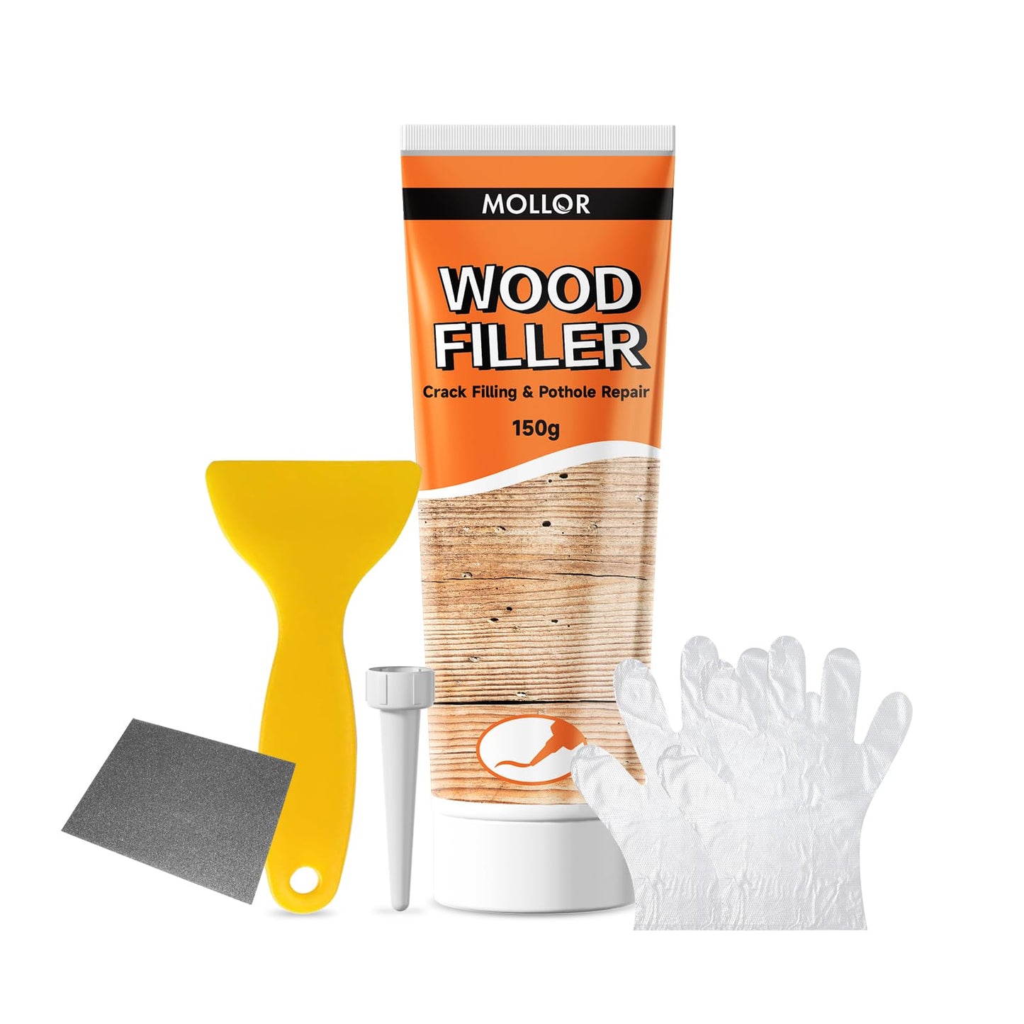 Mollor All Purpose Wood Filler, White Wood Putty Repair for Holes, Quickly Restore Any Broken and Defective Wooden Furniture, Door Frame Repair Kit Stainable (5.29oz/150g)
