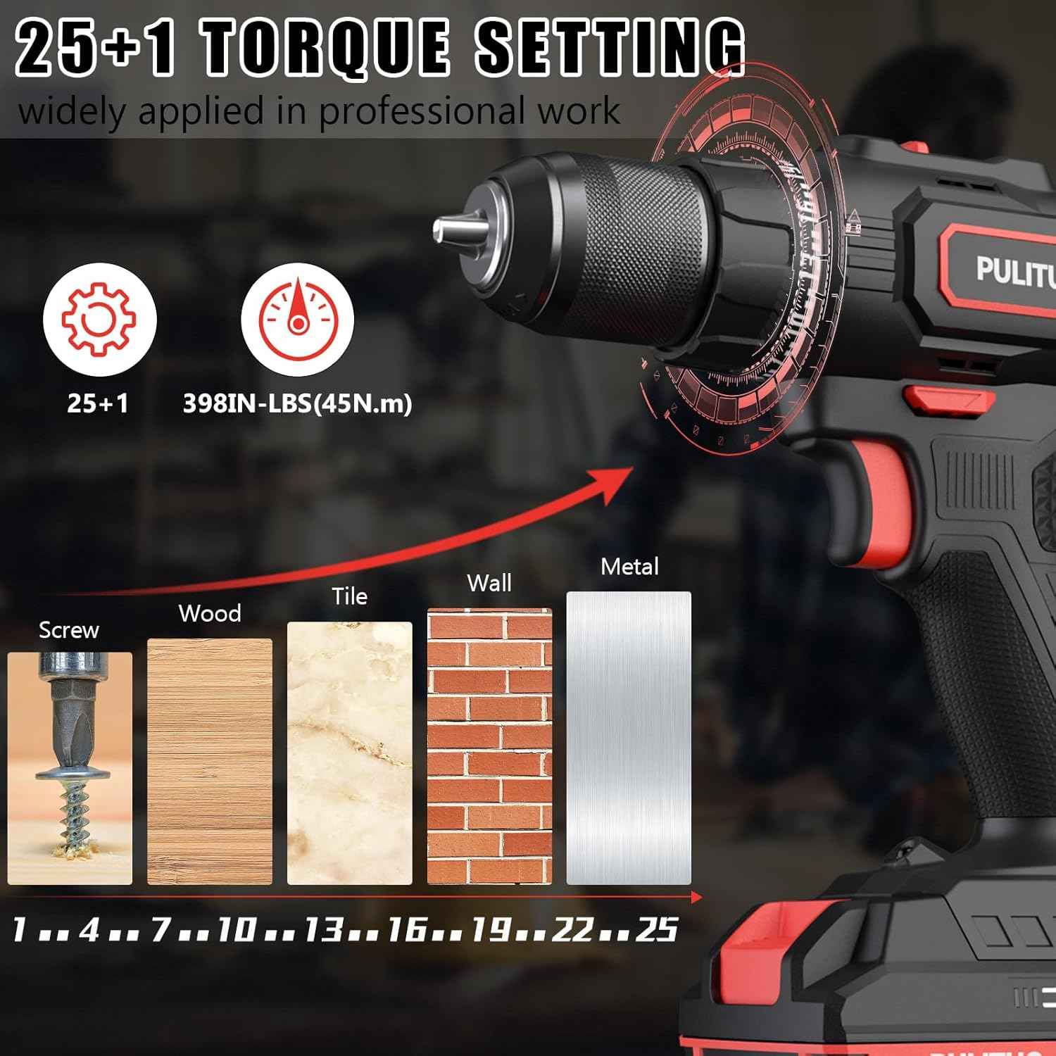 PULITUO'S 20V Cordless Drill/Driver, Electric Screwdriver - 2 Batteries, 30Nm, 21+1 Torque, 2 Speed, Keyless 3/8" Chase Drill with LED Light, Kit for Home (Green)