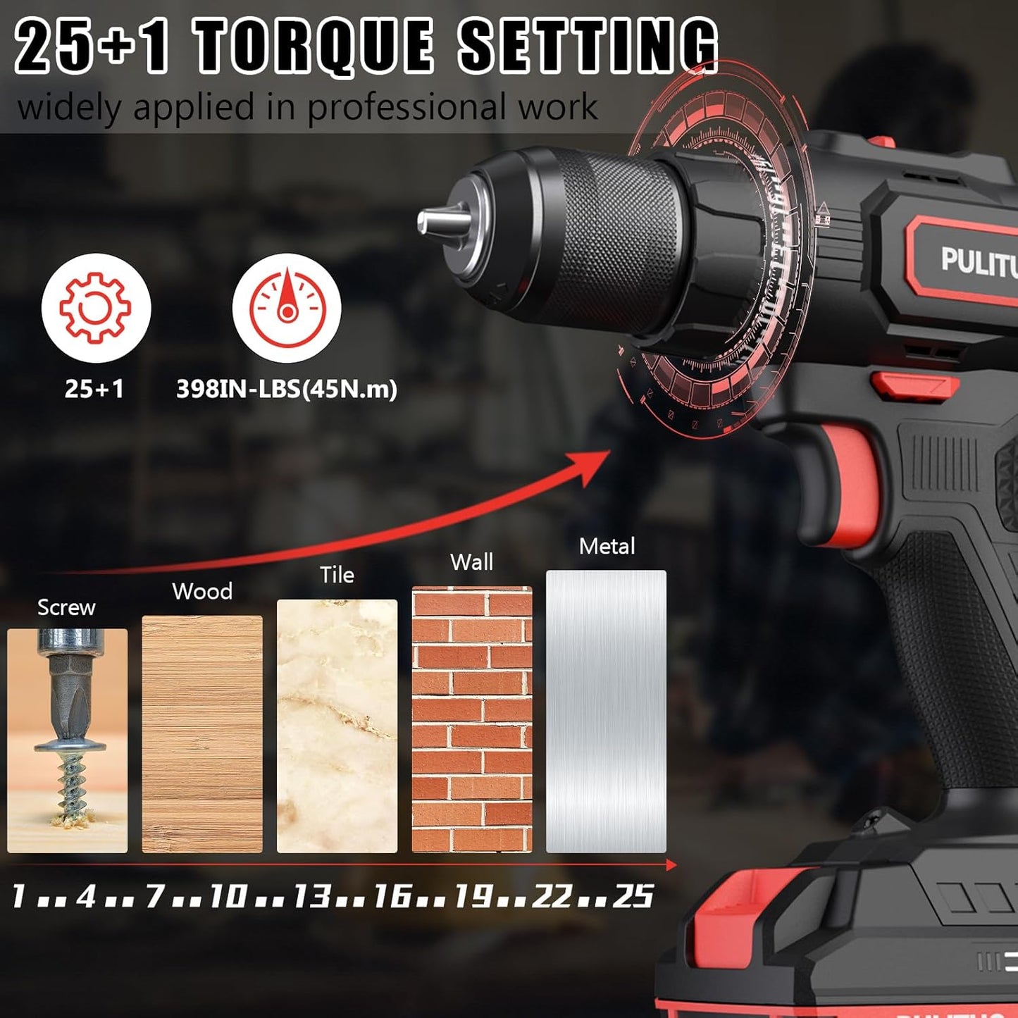 20V Cordless Drill/Driver Kit with 2 Batteries, 30Nm Torque & LED Light - PULITUO