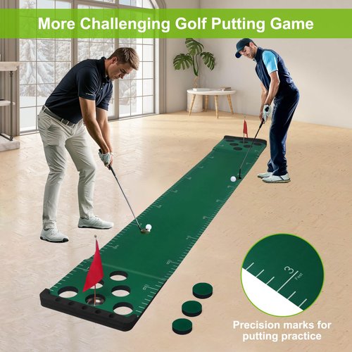 Chriiena Golf Putting Game Set, Putting Green Pong Game Mat Include 6 Balls, 1 Portable Bag, 2 Flags & Cups for Indoor Outdoor Backyard Party Use (Green)