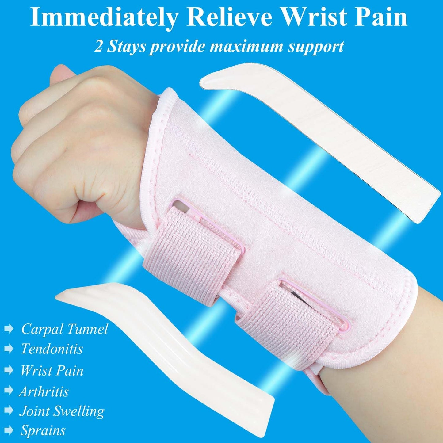 Tianhengyi Carpal Tunnel Wrist Brace, Adjustable Wrist Support Brace, Night Wrist Sleep Supports Splints Arm Stabilizer (Left Hand, L/XL, Pink)