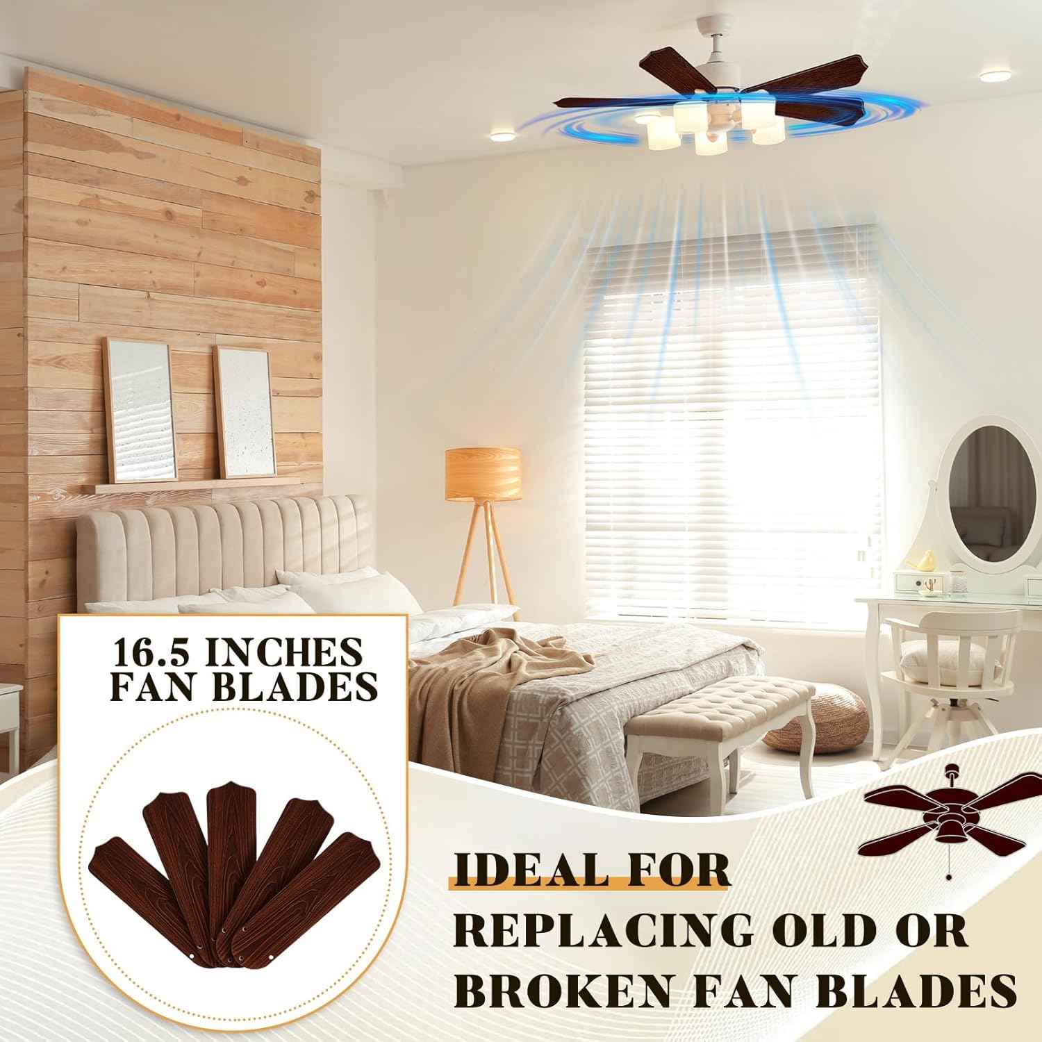 42-Inch Waterproof Replacement Fan Blades - 5 Pcs for Indoor/Outdoor Ceiling Fans