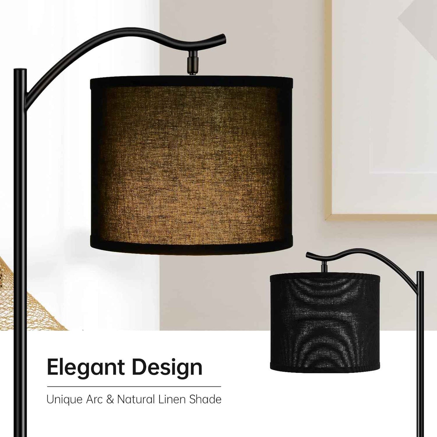 Modern LED Floor Lamp with Bohemian Linen Shade – Arched Tall Standing Light for Living Room & Bedroom