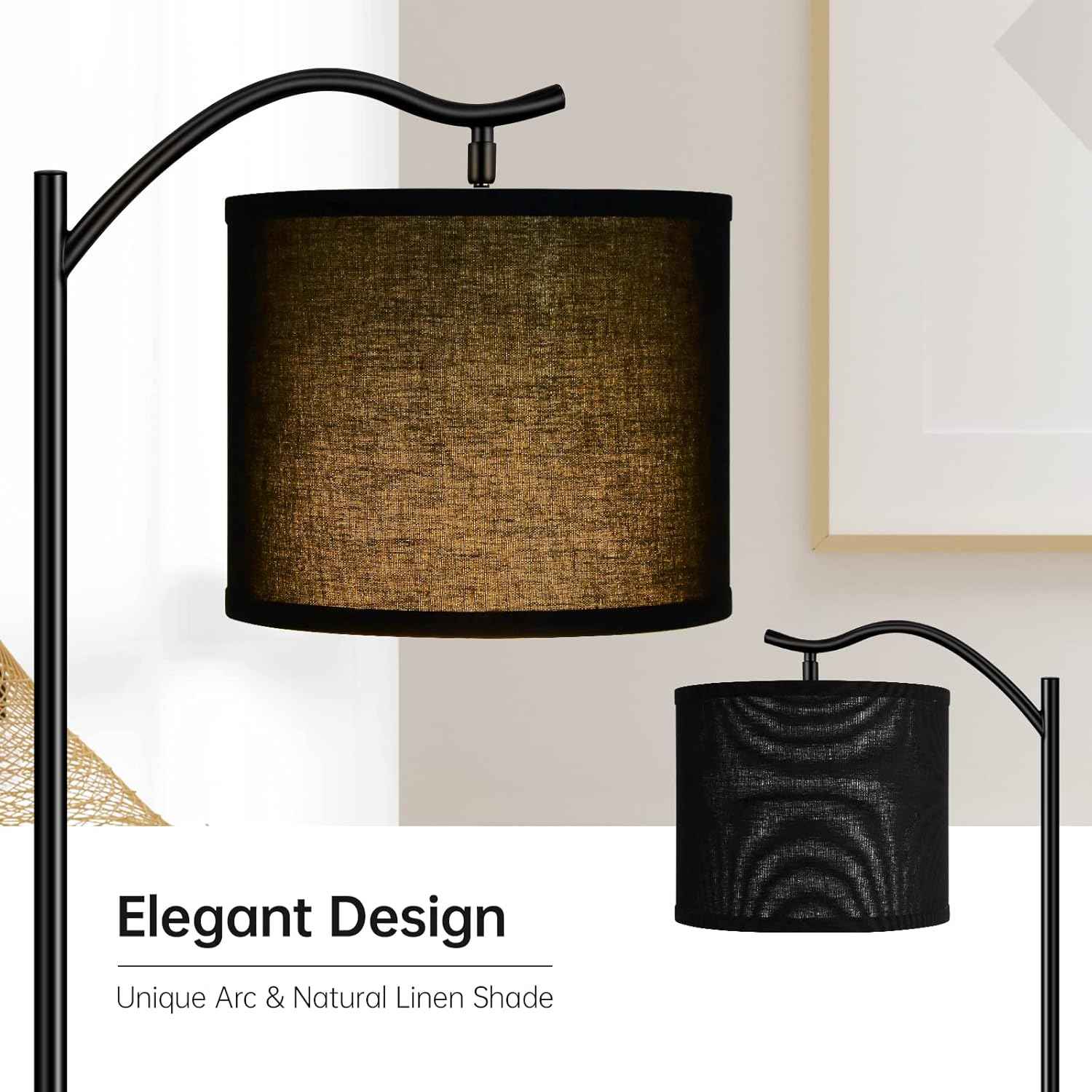 Modern LED Floor Lamp with Bohemian Linen Shade – Arched Tall Standing Light for Living Room & Bedroom