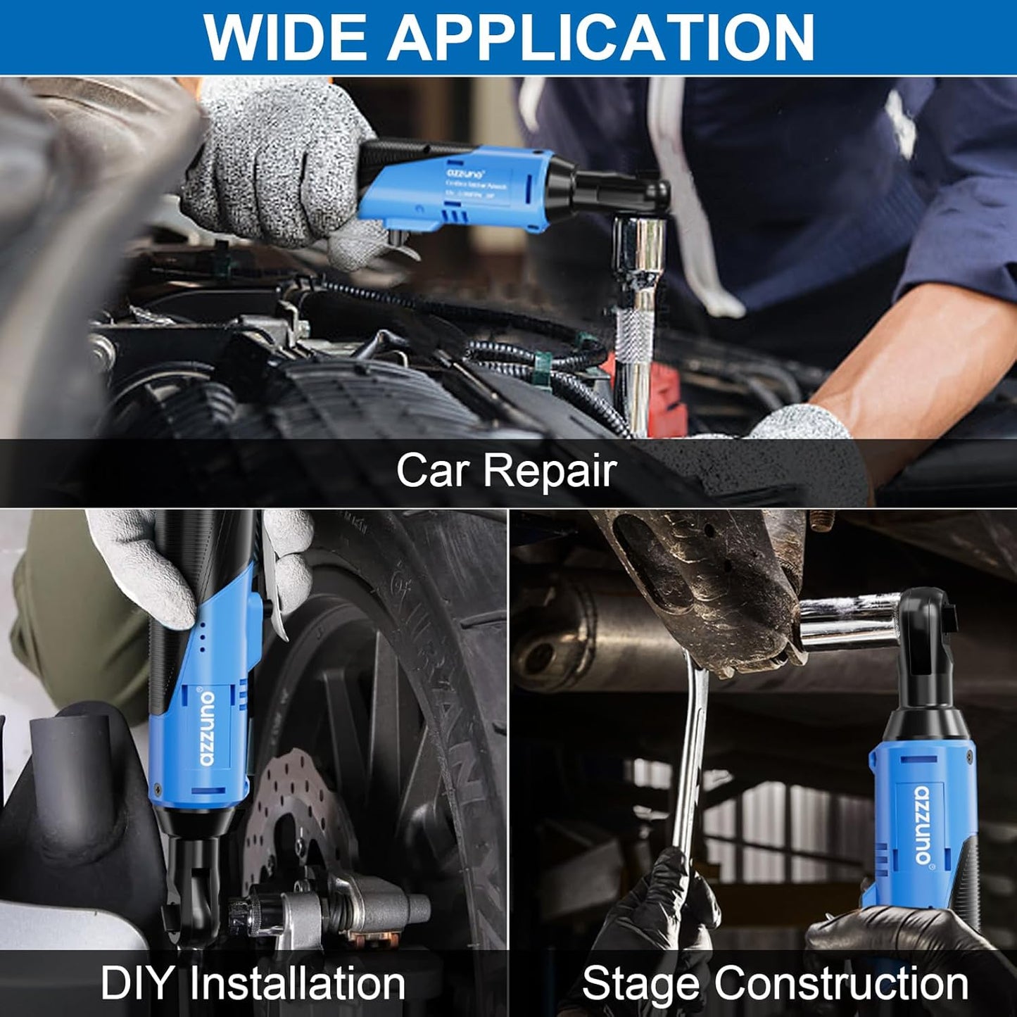 AZZUNO Cordless Electric Ratchet Wrench Set - 30 Ft-lbs, 300 RPM, 2 Batteries & 7 Sockets