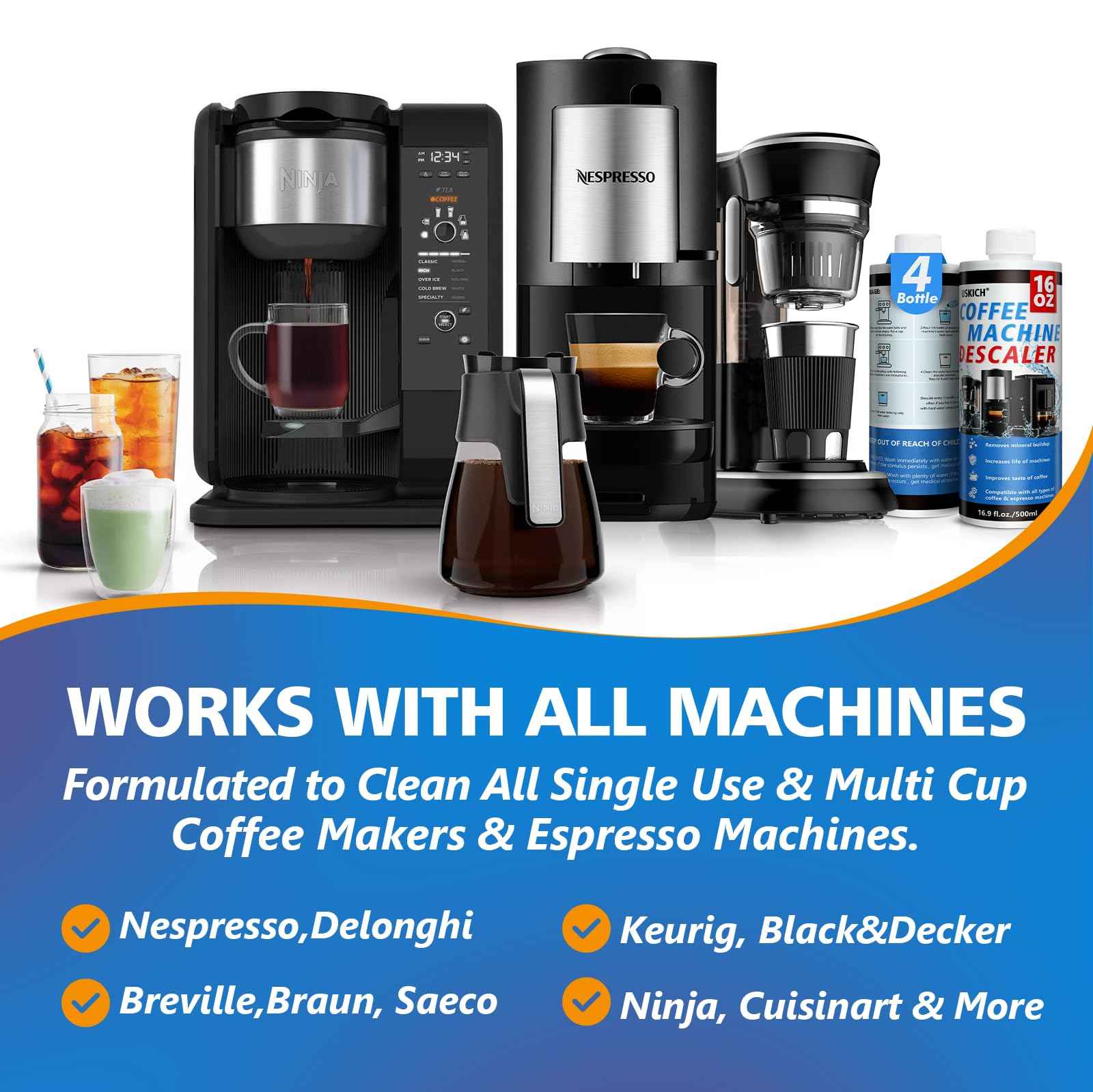 4 Pack Coffee Machine Descaler Cleaner -16 Uses,Descaling Solution for Nespresso Breville Keurig Jura &Delonghi - Coffee Machine Cleaners For All Coffee Makers & Espresso Machines,Glass Pot Cleaner