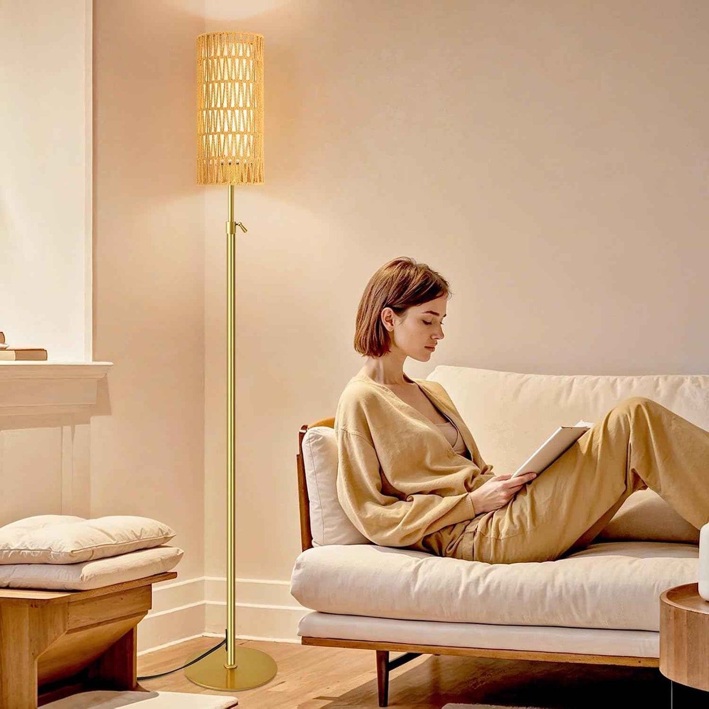 Boho Gold Floor Lamp with Remote Control | Dimmable Rattan & Wicker Design for Living Room