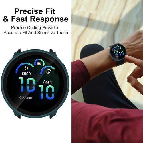 JADTILXY Case Compatible with Garmin vivoactive 6 with Screen Protector, 4-Pack Hard PC Cover HD Tempered Glass Case Anti-scratch Full Protection Shell for Garmin vivoactive 6 (Black+Blue+Green+Clear)