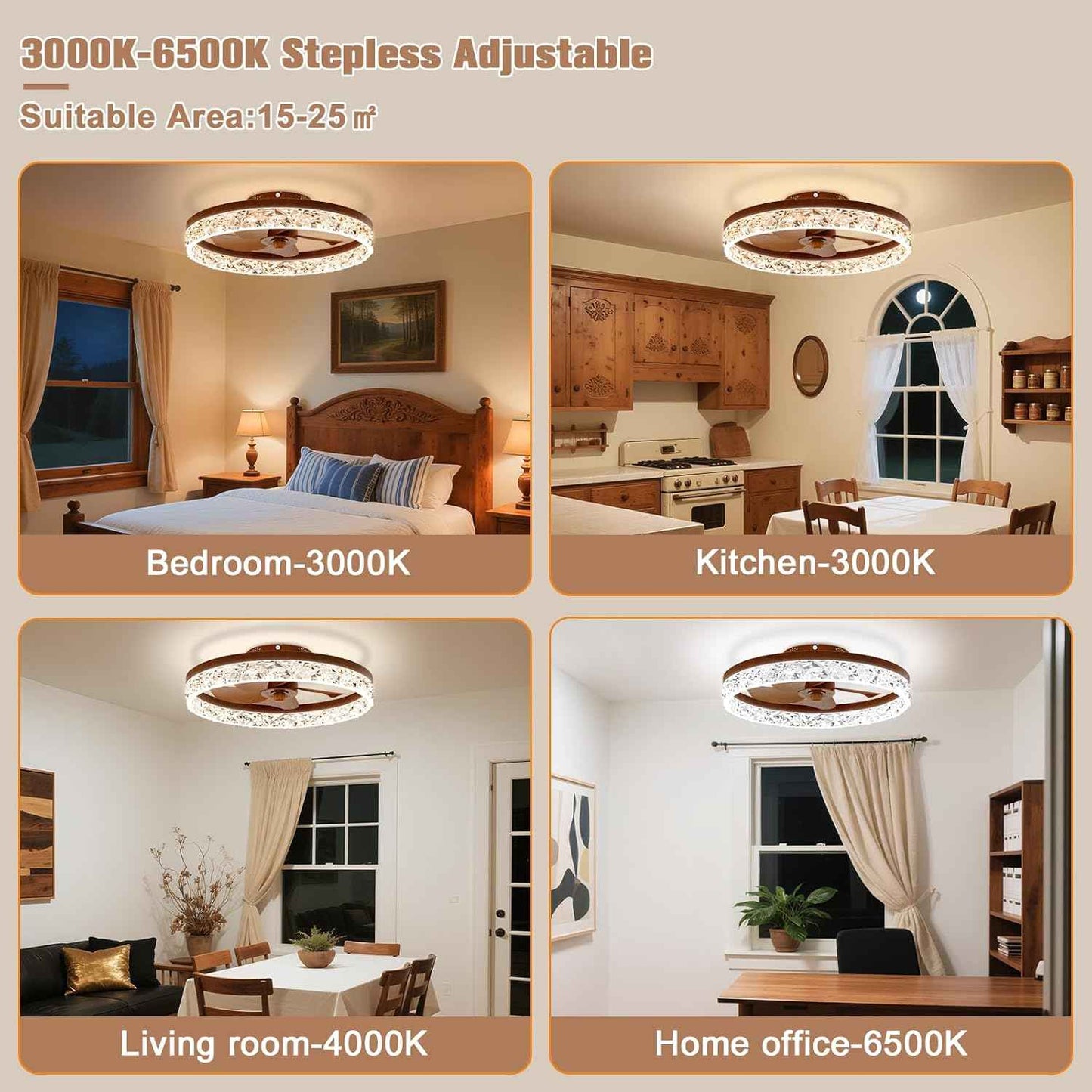 Modern Bladeless Ceiling Fan with Light & Remote - 15.7in Low Profile Fandelier, Dimmable 3000K-6500K for Bedroom