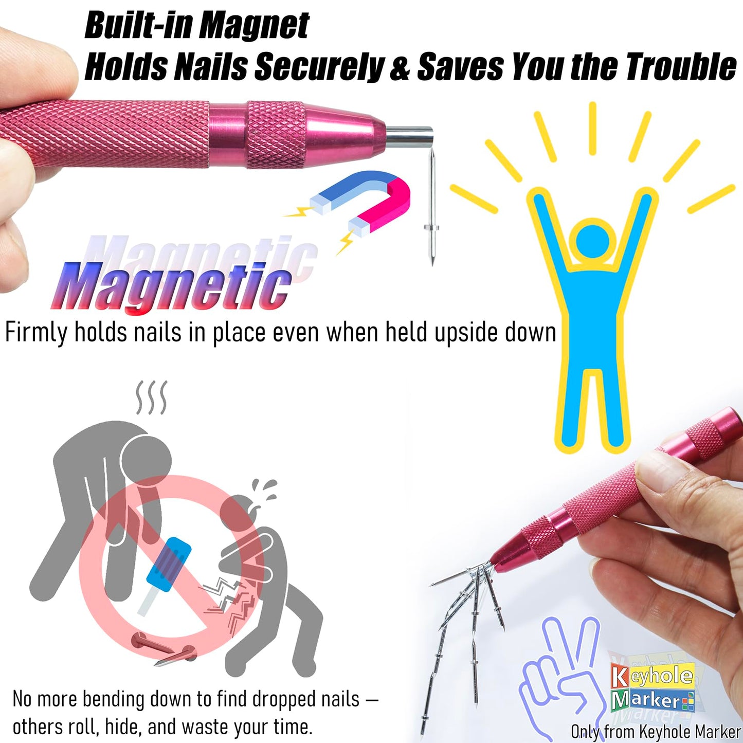 Quick Picture Hanging Tool Kit with Magnetic Handle & Level – Secure on Drywall/Wood Walls in Seconds – for Canvas, Photos, Wood Frames (40 Nails)