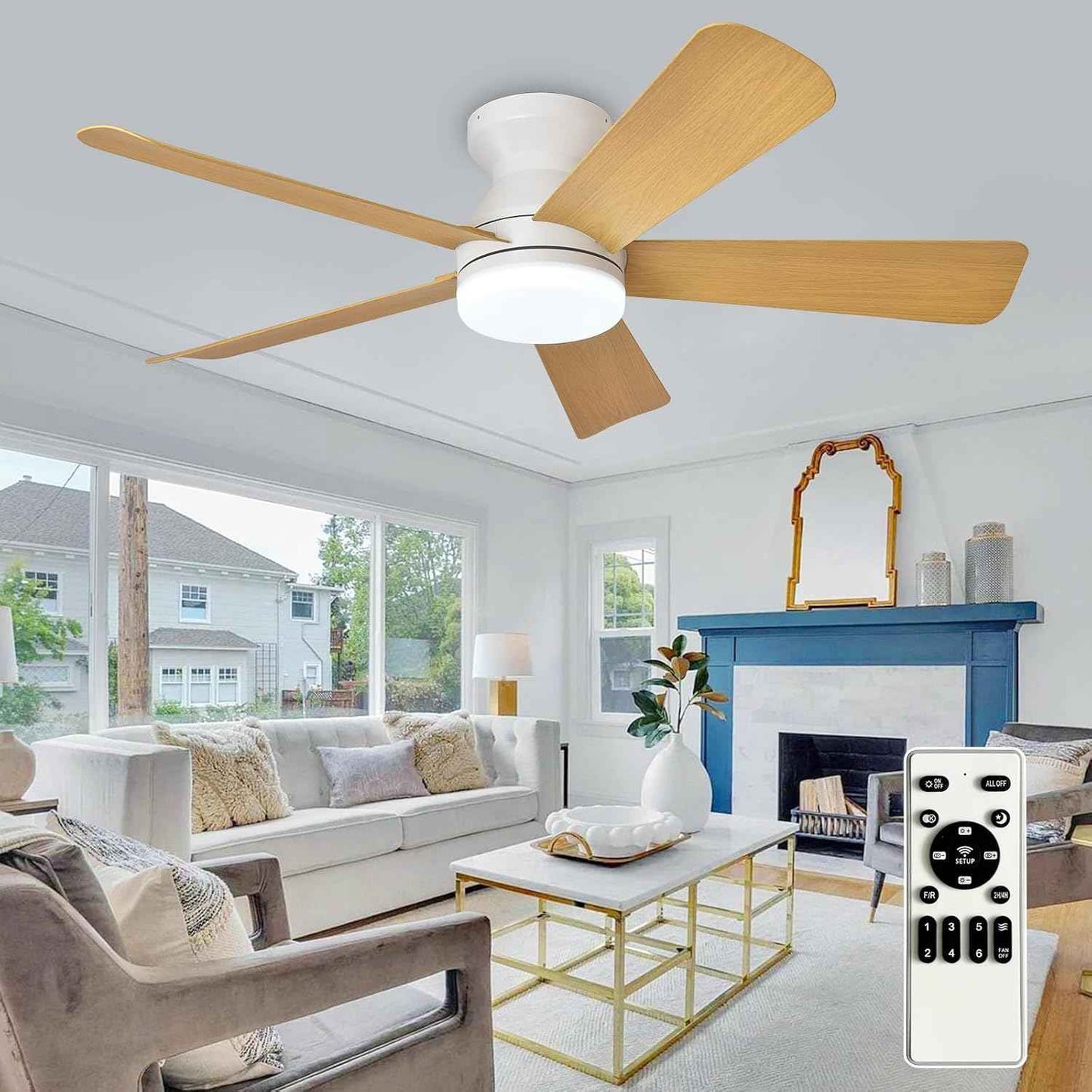 42-Inch Modern Black Ceiling Fan with Light & Remote - Dimmable Low Profile, 5 Reversible Walnut Blades, 6 Speeds for Indoor/Outdoor Use