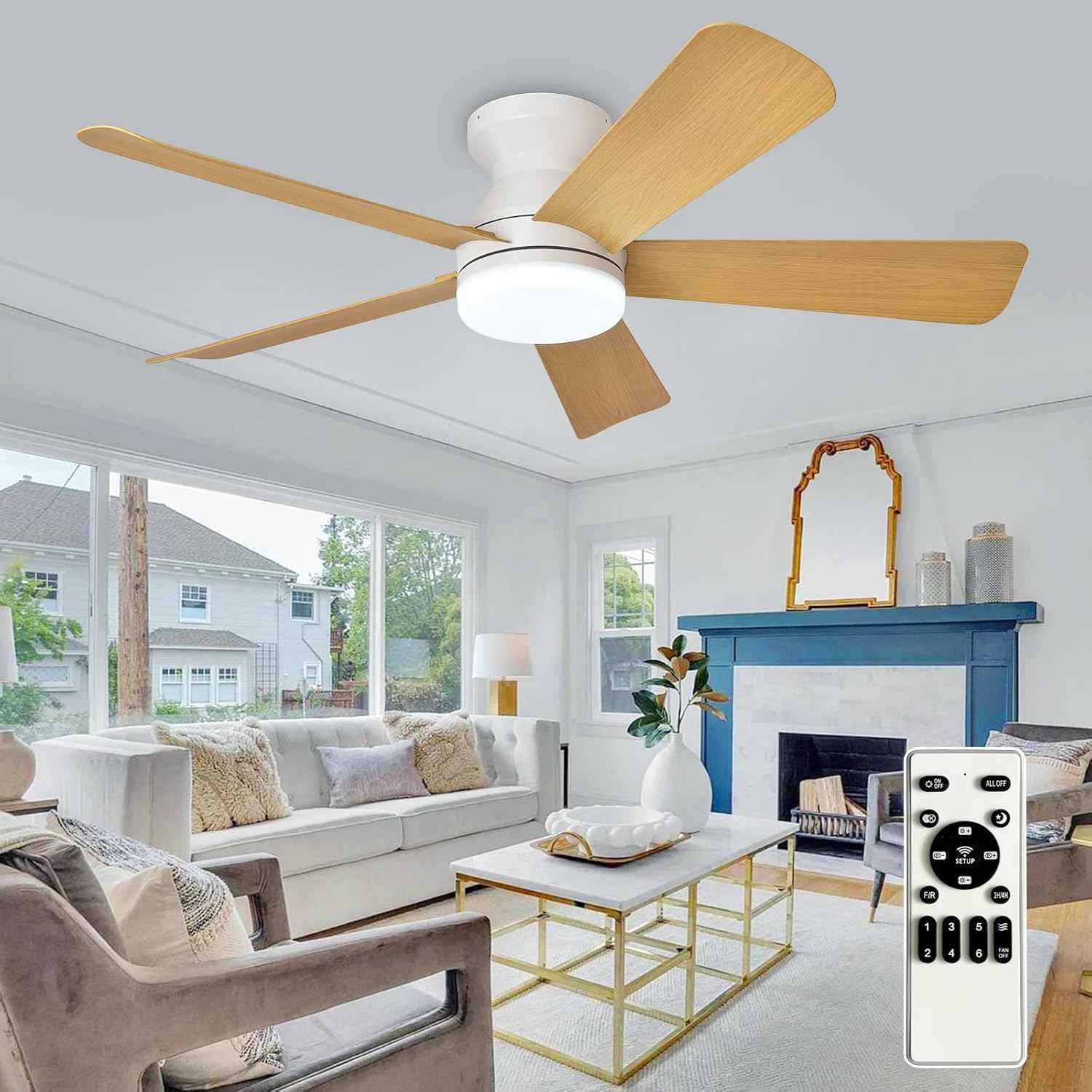 42-Inch Modern Black Ceiling Fan with Light & Remote - Dimmable Low Profile, 5 Reversible Walnut Blades, 6 Speeds for Indoor/Outdoor Use