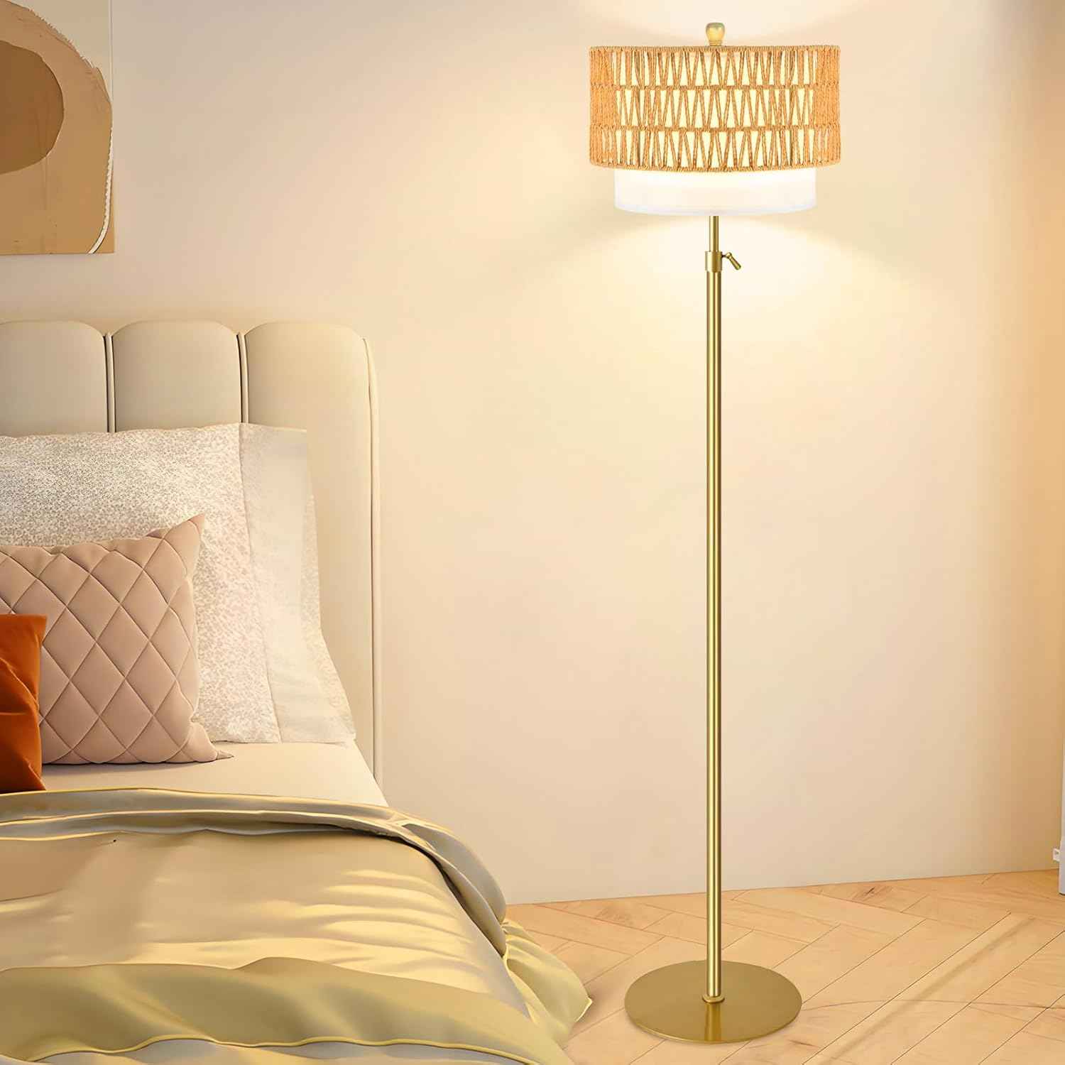 Boho Gold Floor Lamp with Remote Control | Dimmable Rattan & Wicker Design for Living Room