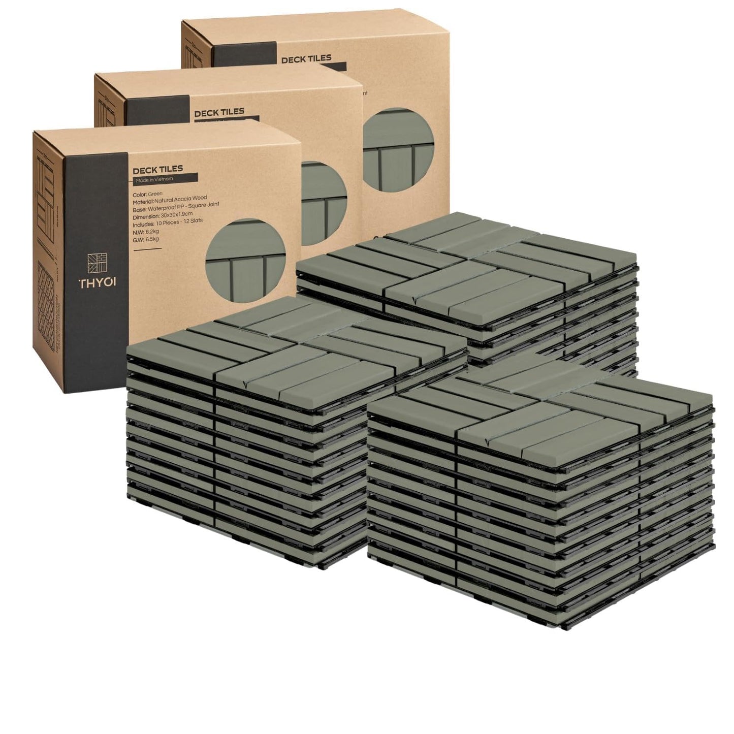 Outdoor Waterproof Acacia Wood Deck Tiles - 10 Pcs Patio Flooring for All Weather Use