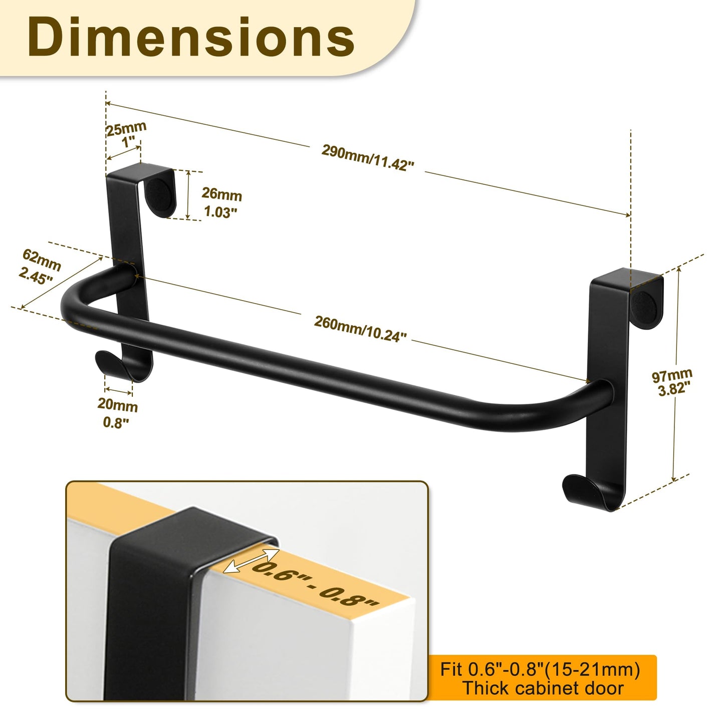 SAYAYO Over Cabinet Towel Bar Black, 10 Inch Kitchen Towel Holder with 2 Hooks, Over The Cupboard Door Dish Towel Rack, 2 Pcs