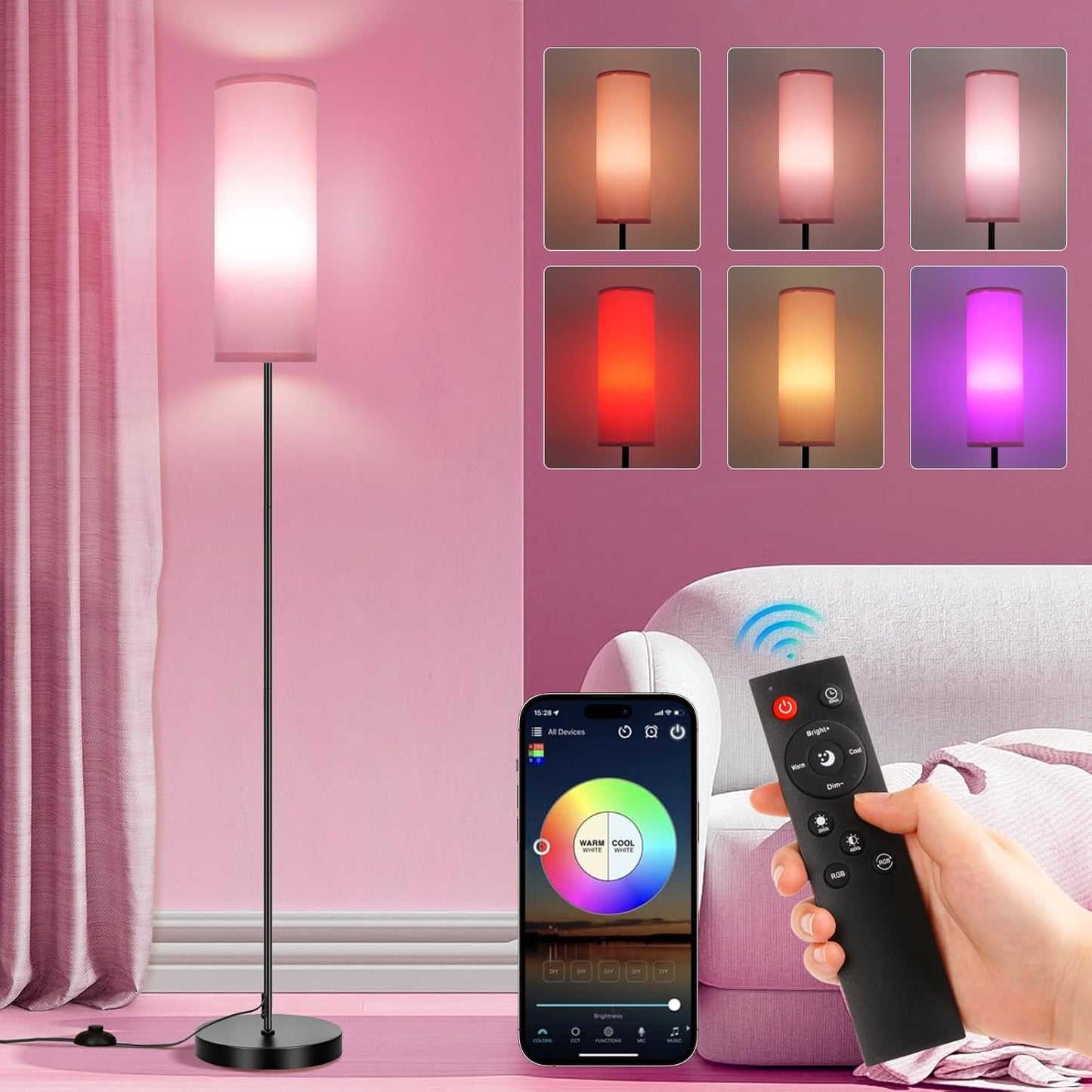 Modern Dimmable Floor Lamp with Remote - RGB Smart Bulb for Living Room, Bedroom & Office