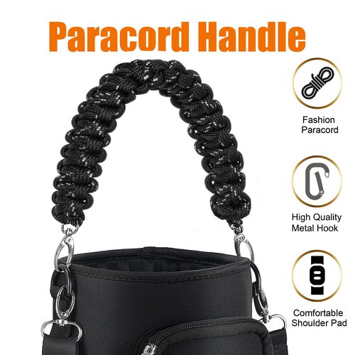 AceTreker 64 oz /87 oz/128 oz Neoprene Water Bottle Sleeve for Insulated Metal Water Jug Bottles, Carrier Sling Bag with Adjustable Shoulder Strap & Paracord Handle and 2 Pocket for Walking-Black