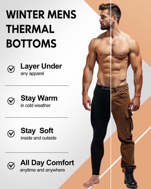 CL convallaria Long Johns for Men Thermal Fleece Lined Compression Pants Athletic Leggings Base Layer Bottoms,Large,4 Pack-2 Black/Blue/Grey