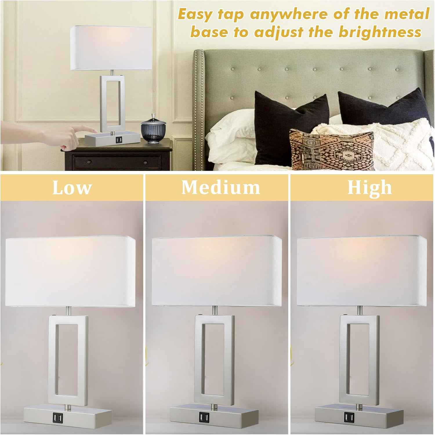 Gold Table Lamps Set of 2 - 3-Way Dimmable Touch Control with USB Ports, 22” Modern Design for Bedroom & Living Room