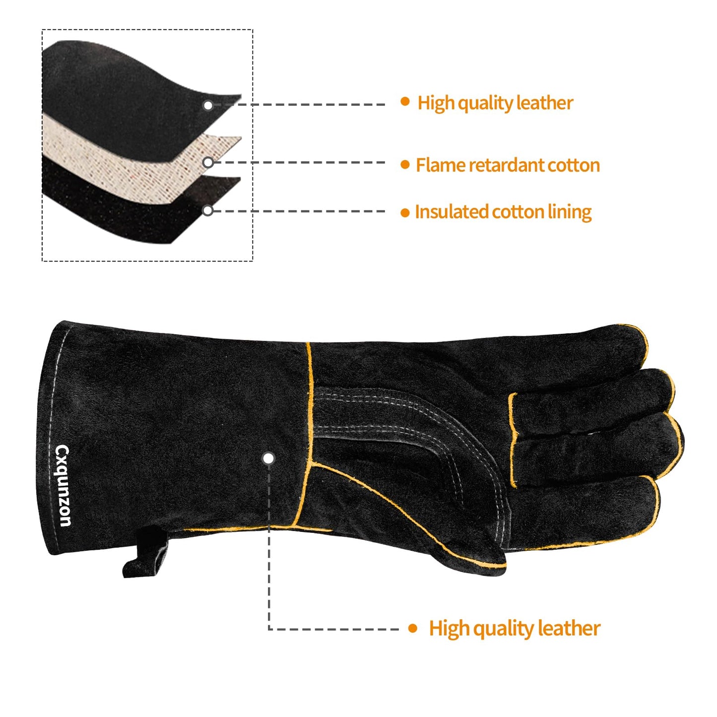 Cxqunzon Leather Welding Gloves - Thick Premium Cow Split Leather, Heat & Fire Resistant, Soft Cotton Lined Interior for TIG/MIG Welding, Grilling, BBQ & Fireplace (Black)