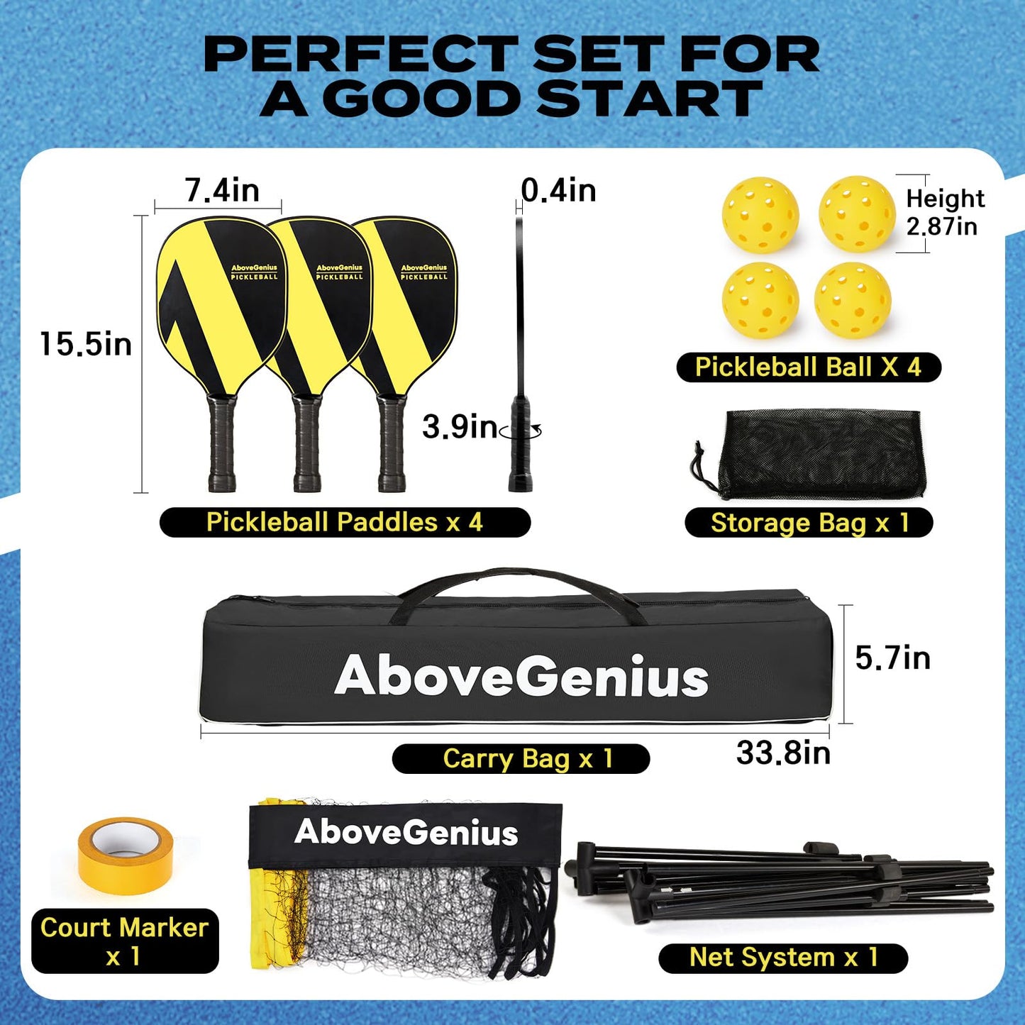 AboveGenius Pickleball Set with Net, Pickleball Paddles Set of 4, Portable Net for Driveway, Lightweight Rackets, 4 Outdoor Balls, 1 Storage Bag
