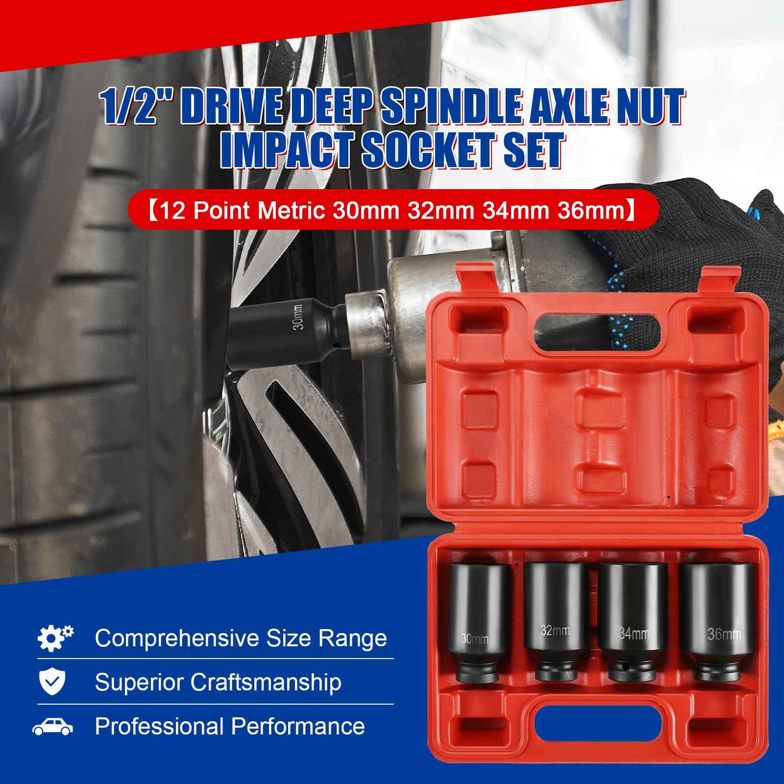 NYXOVA 1/2" Drive Deep Spindle Axle Nut Impact Socket Set, 12 Point Metric 30mm 32mm 34mm 36mm Drive Spindle Axle Hub Nut Socket Set, CR-MO, 4-Piece 1/2" Heavy Duty Impact Socket Set