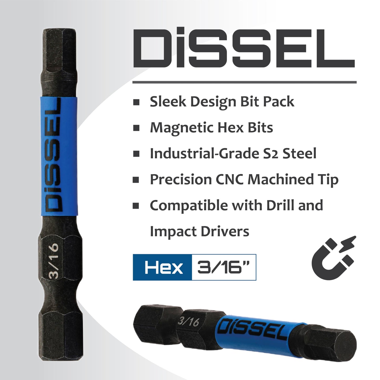 DiSSEL 3/16 Hex Bit Set - SAE Magnetic 3/16 Allen Wrench, Durable S2 Steel Hex Driver for Bike, Furniture & RC Repairs (6pc). Impact Grade Allen Bits Designed for Precision and Durability.