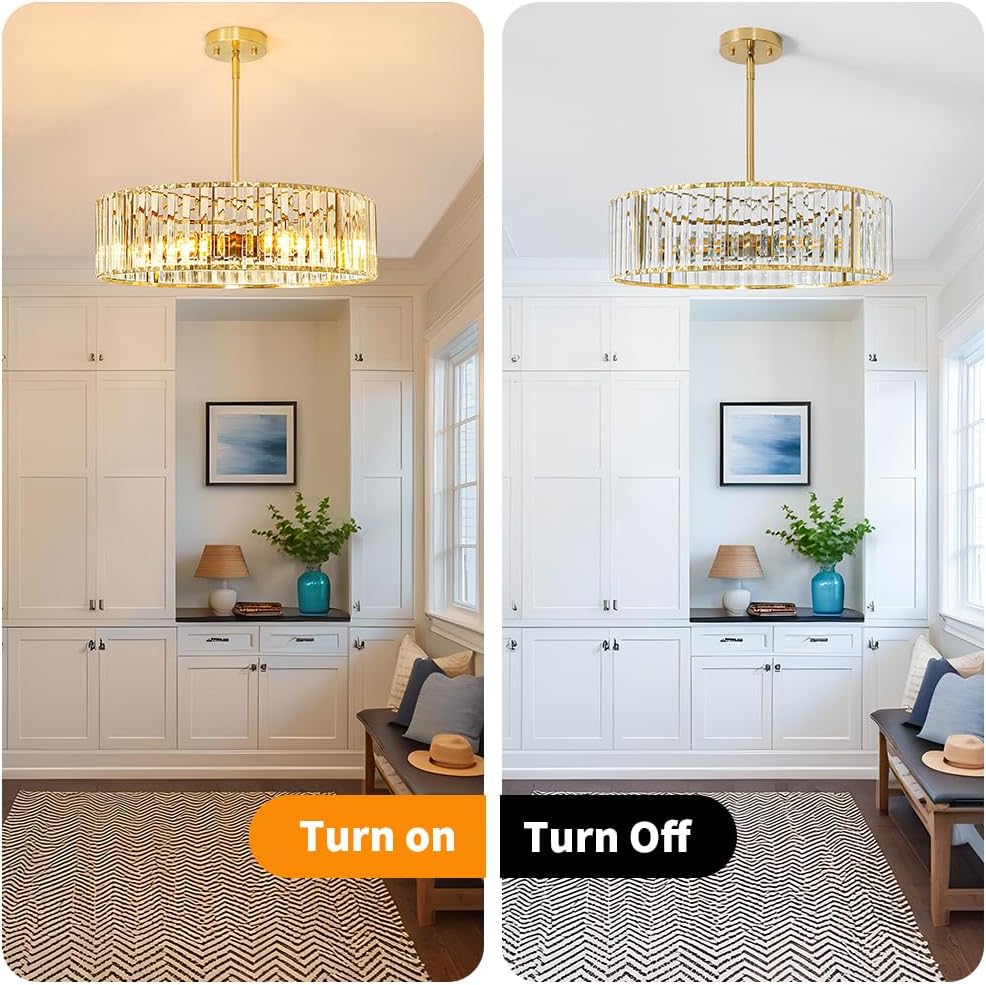 Modern Gold Crystal Ceiling Light Fixture - 11-Inch Semi Flush Mount Chandelier for Kitchen & Entryway