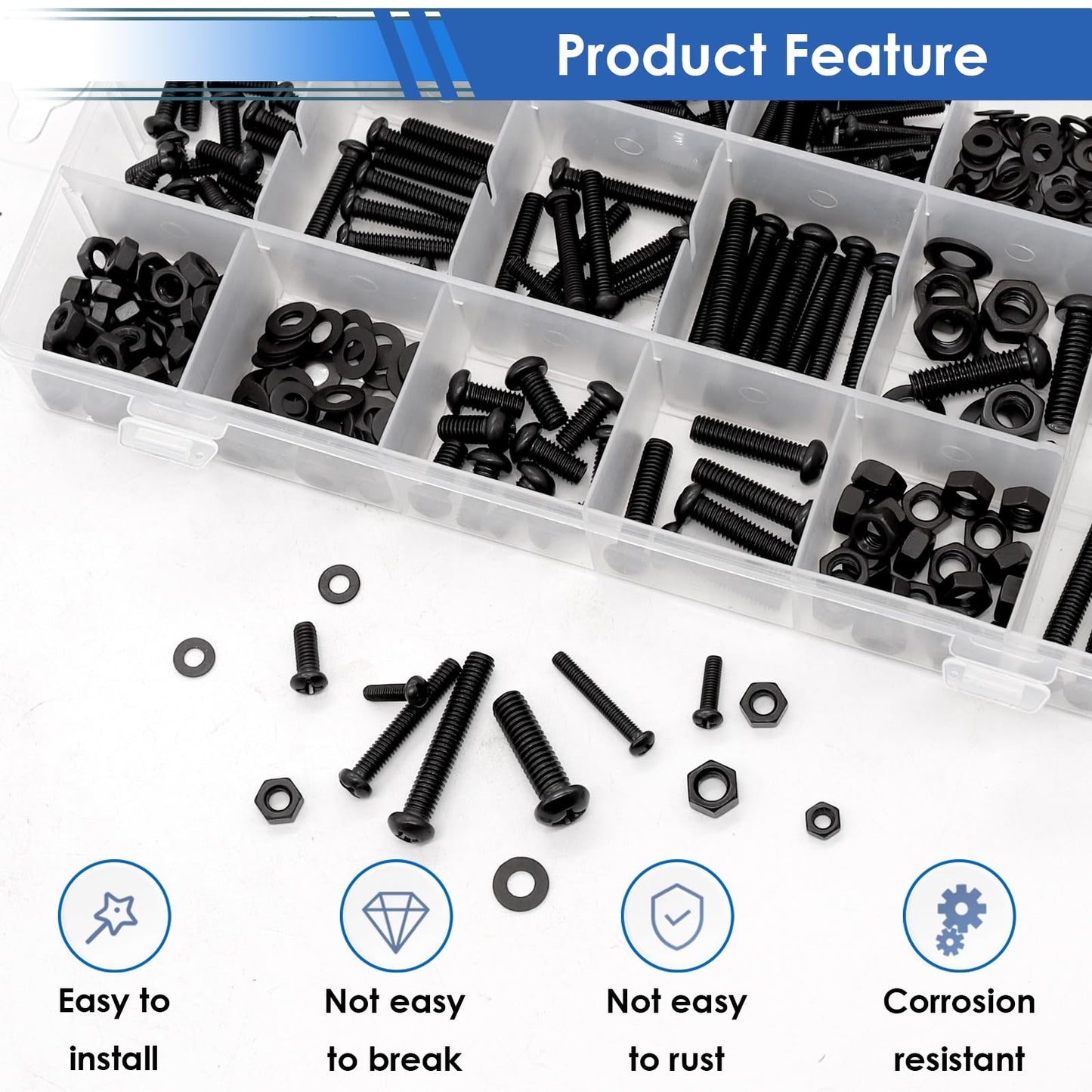 smseace 516Pcs Black Nuts and Bolts Assortment Kit 21-Sizes M3/M4/M5/M6 Nut Bolt Washer Assortment Kit for Machinery, Furniture, Automotive, Motorcycle Repairs