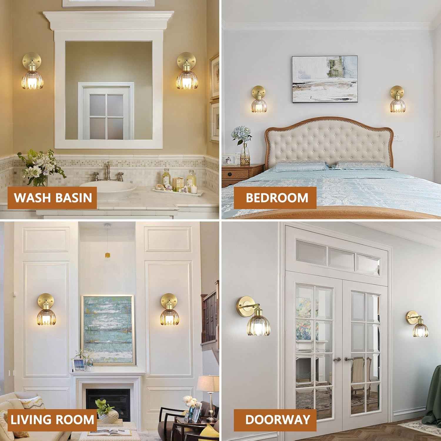 Rechargeable Vintage Wireless Wall Sconces - Gold LED Tulip Glass Lamps with Remote Dimming for Bedroom & Living Room