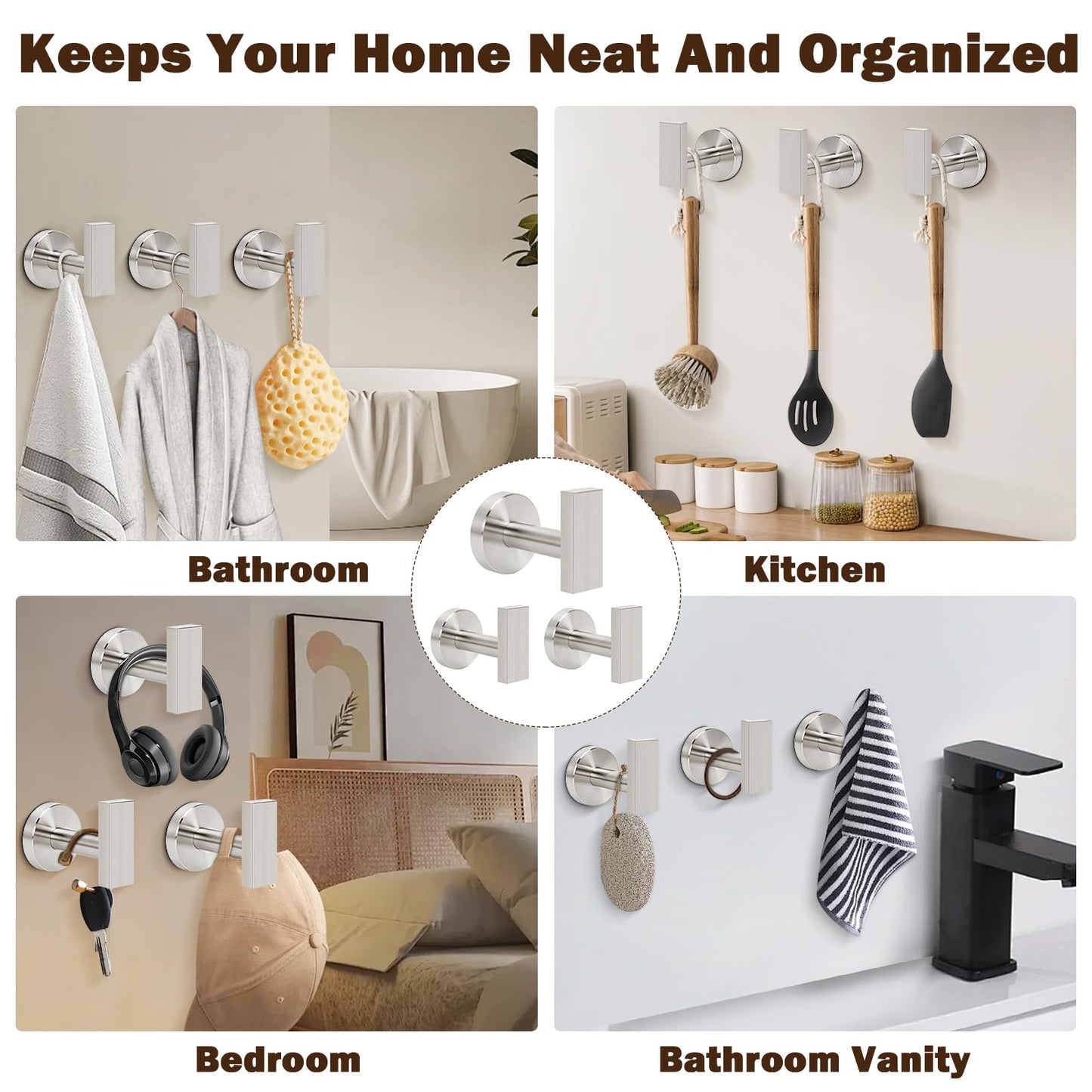 Siyzda Towel Hooks for Bathroom Wall, SUS 304 Stainless Steel Robe Coat Hook, Heavy Duty Towel Hanger for Kitchen Bedroom Living Room, 3 Pack (Brushed Nickel)