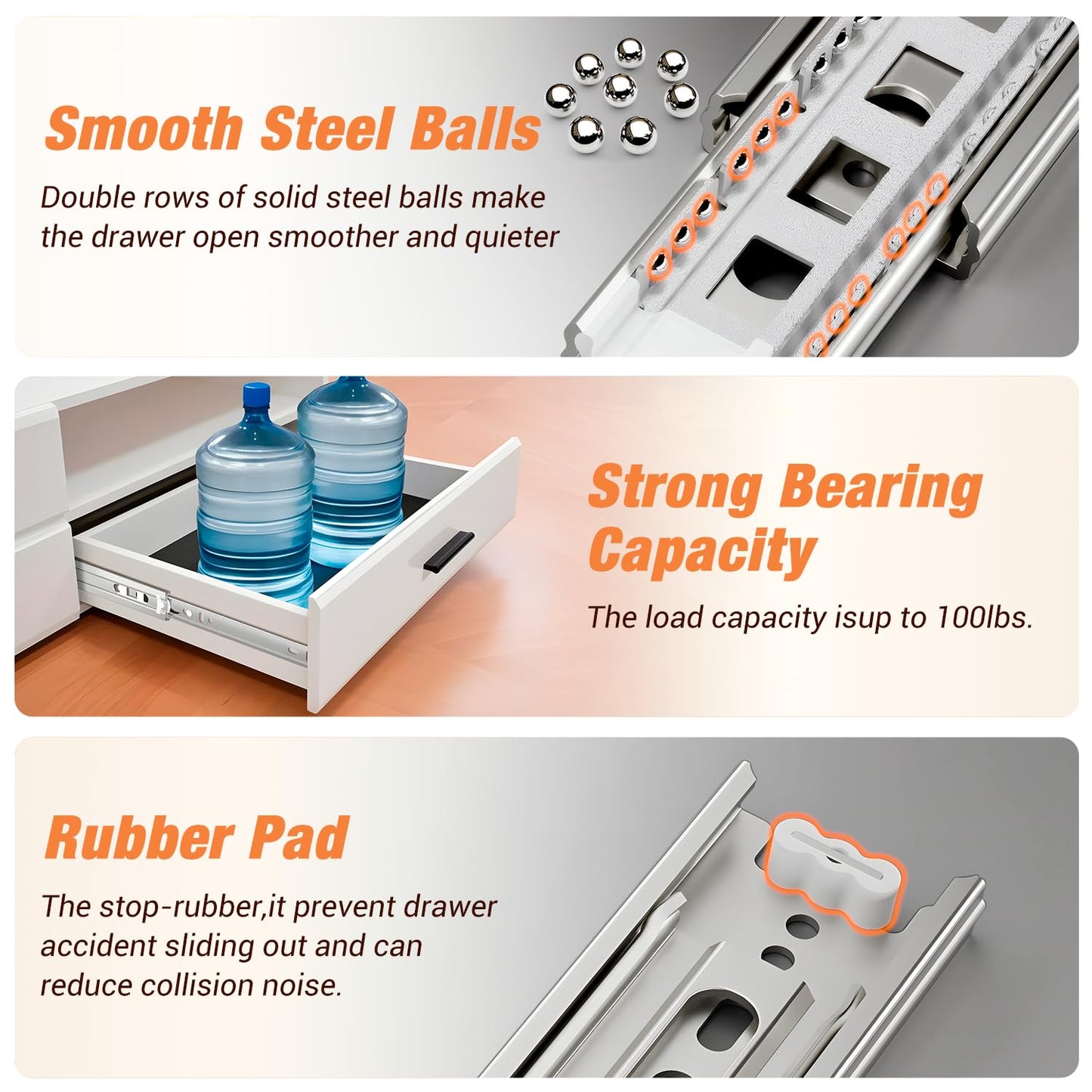 REGUDA Drawer Slides Ball Bearing 3 Folds Full Extension Side Mount Cabinet Runners Glides Rails Track 100 Lbs Load 10 12 14 16 18 20 22 24 Inch Silver (1 Pair (Silver), 12 inch)