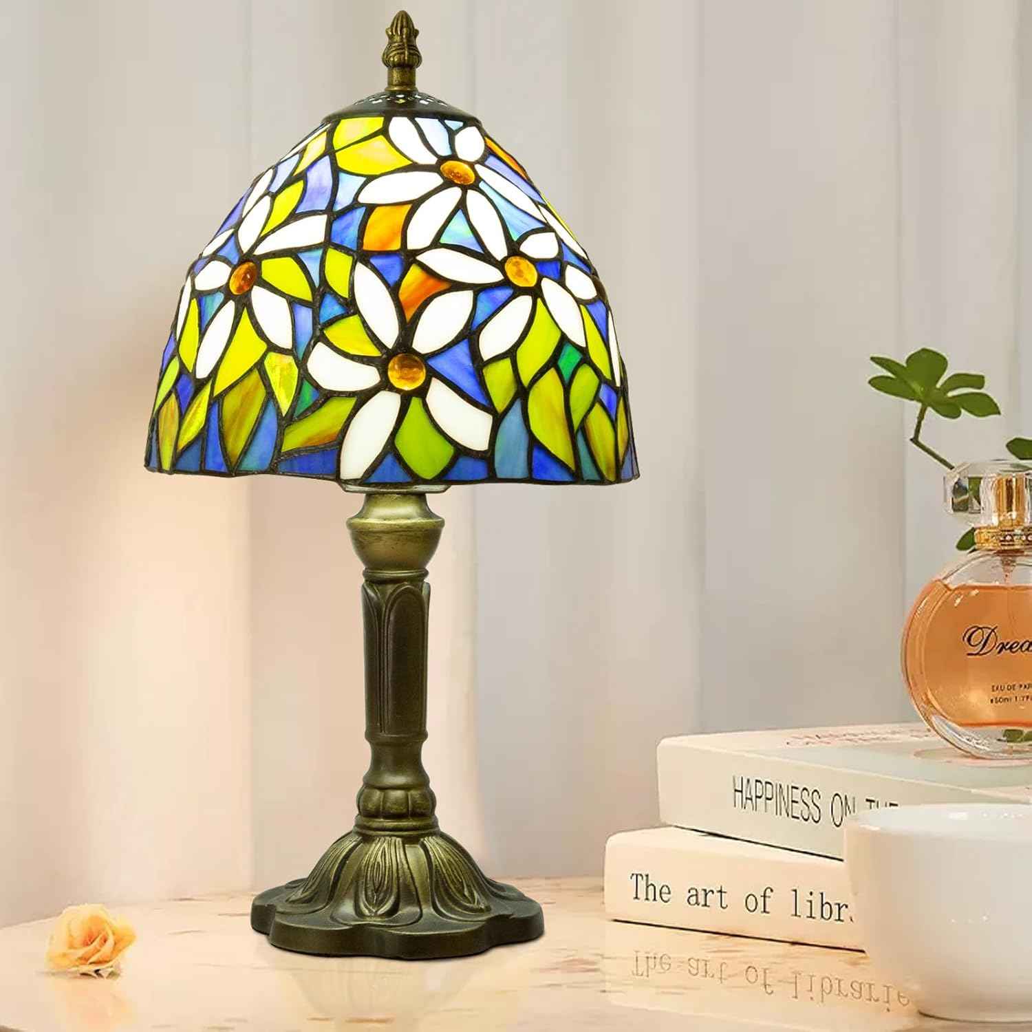 Tiffany Table Lamp - 8 Inch Antique Stained Glass, 3 Color Temperatures, Handcrafted for Bedroom & Living Room
