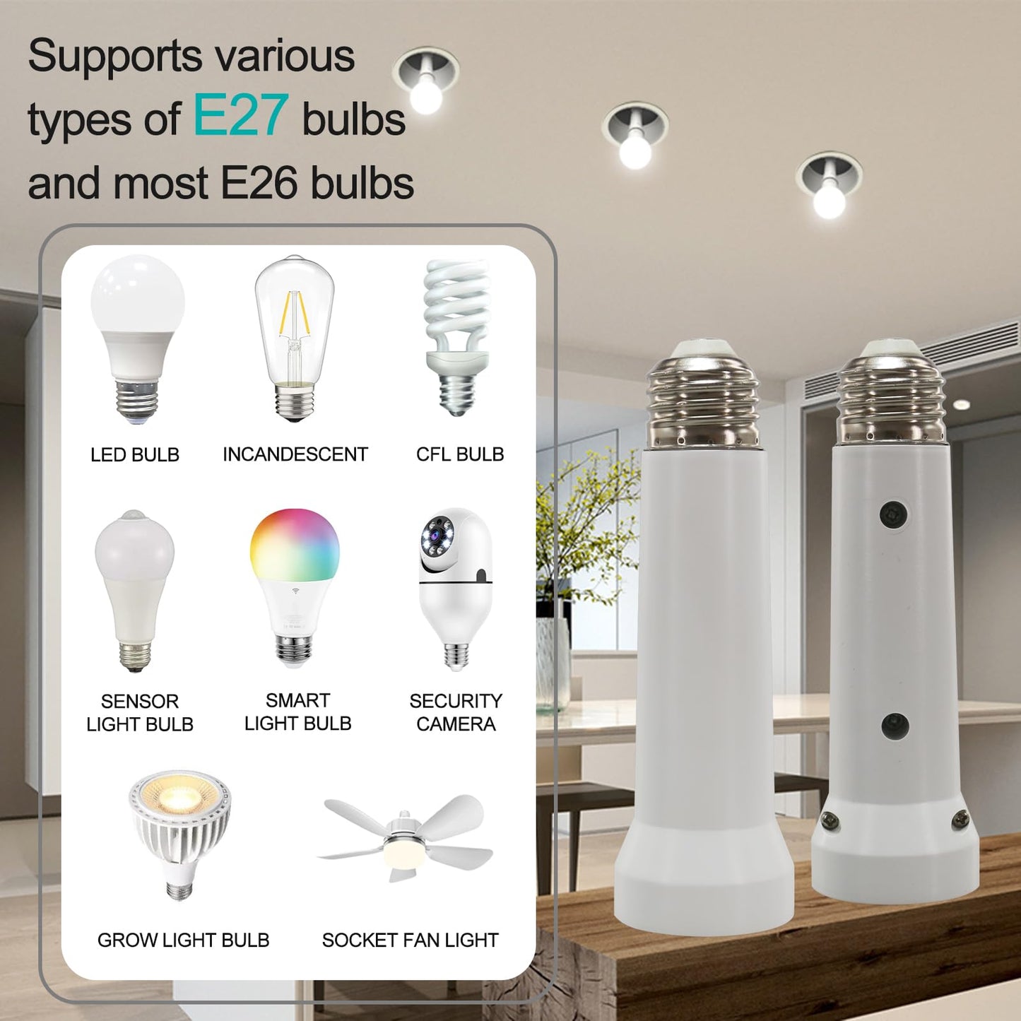 Light Socket Extender, E26/E27 Socket Extension Adapter, 5.31 inch Light Bulb Extension Socket, Light Bulb Socket Extender, Screw in Lamp Holder Adapter for Socket Fan Light(White 3Pack)