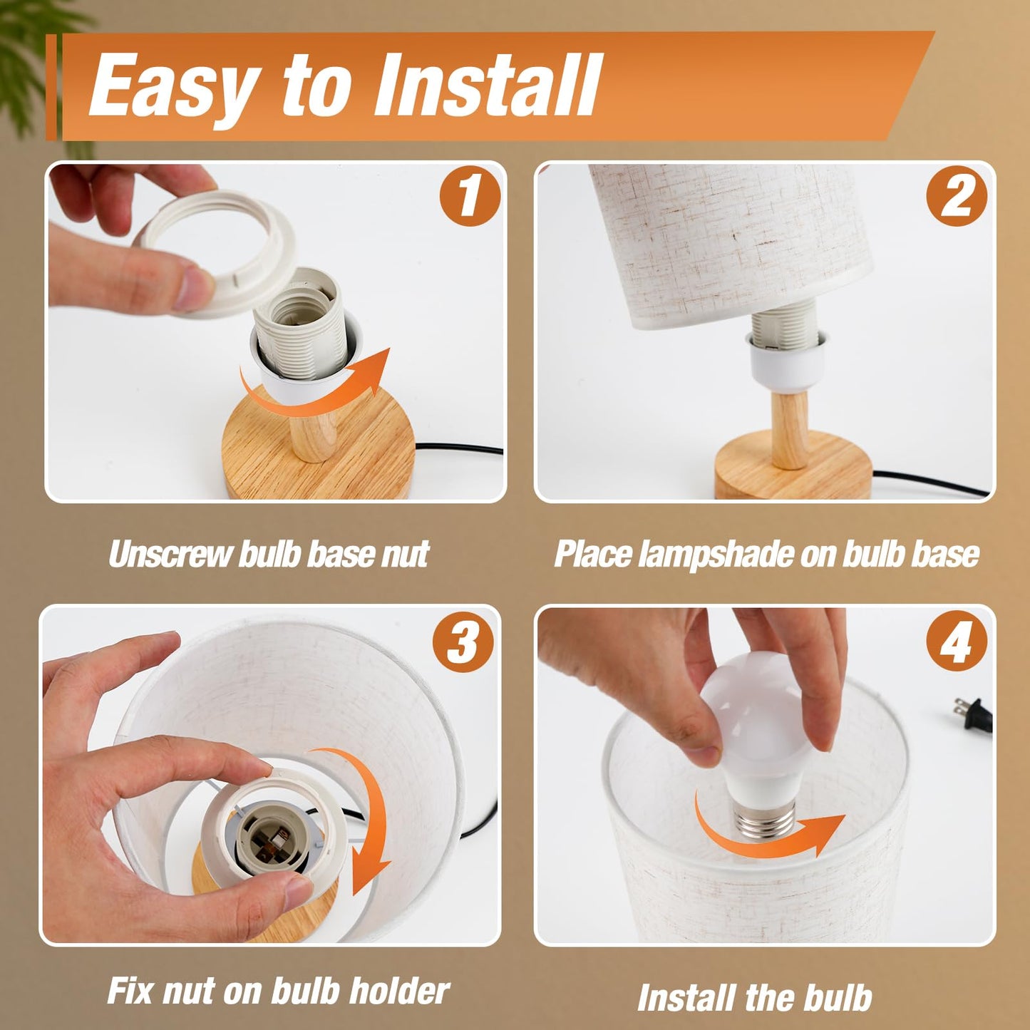 EZIYIN Desk Lamp LED Bulb Included, Small Bedside Table Lamp Plug-in - Classic Wood Base with Flaxen Fabric Shade, Lamps for Night Stands, Simple Nightstand Light for Bedroom, Office, Desk