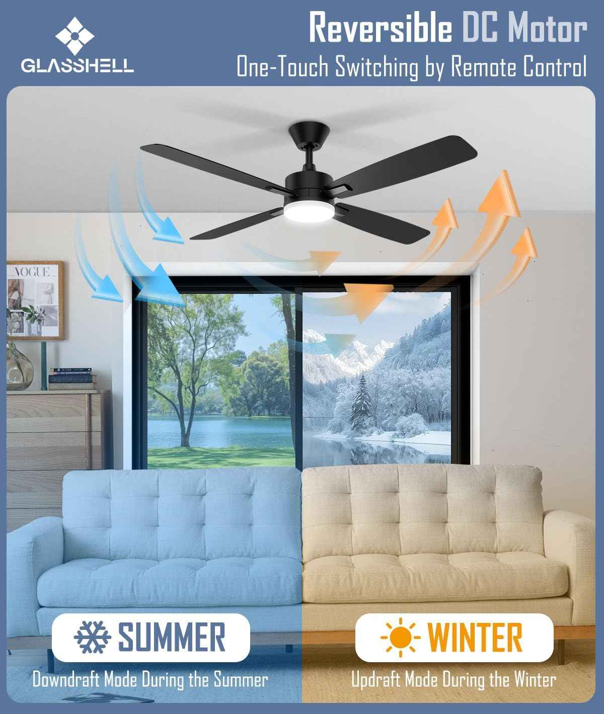 52-Inch Ceiling Fan with Remote Control & Dimmable Light - Noiseless DC Motor for Indoor/Outdoor Use