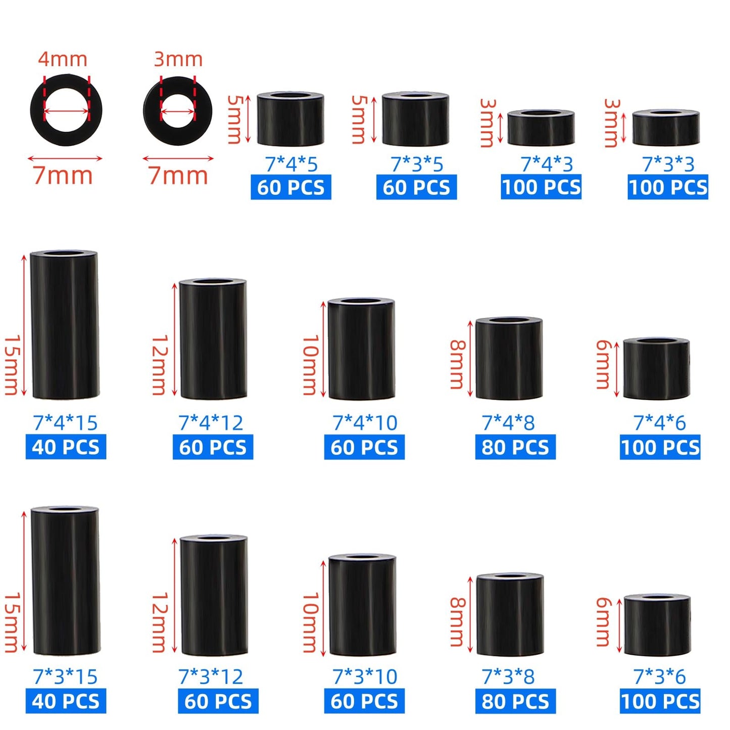 Acshio 1000 Pack Electrical Outlet Screws Spacers, Nylon Round Spacers for M3 M4 Screw, Black Spacer Electrical Outlet Assortment Kit Without Threaded for Electrical Screws, Switch, Receptacle