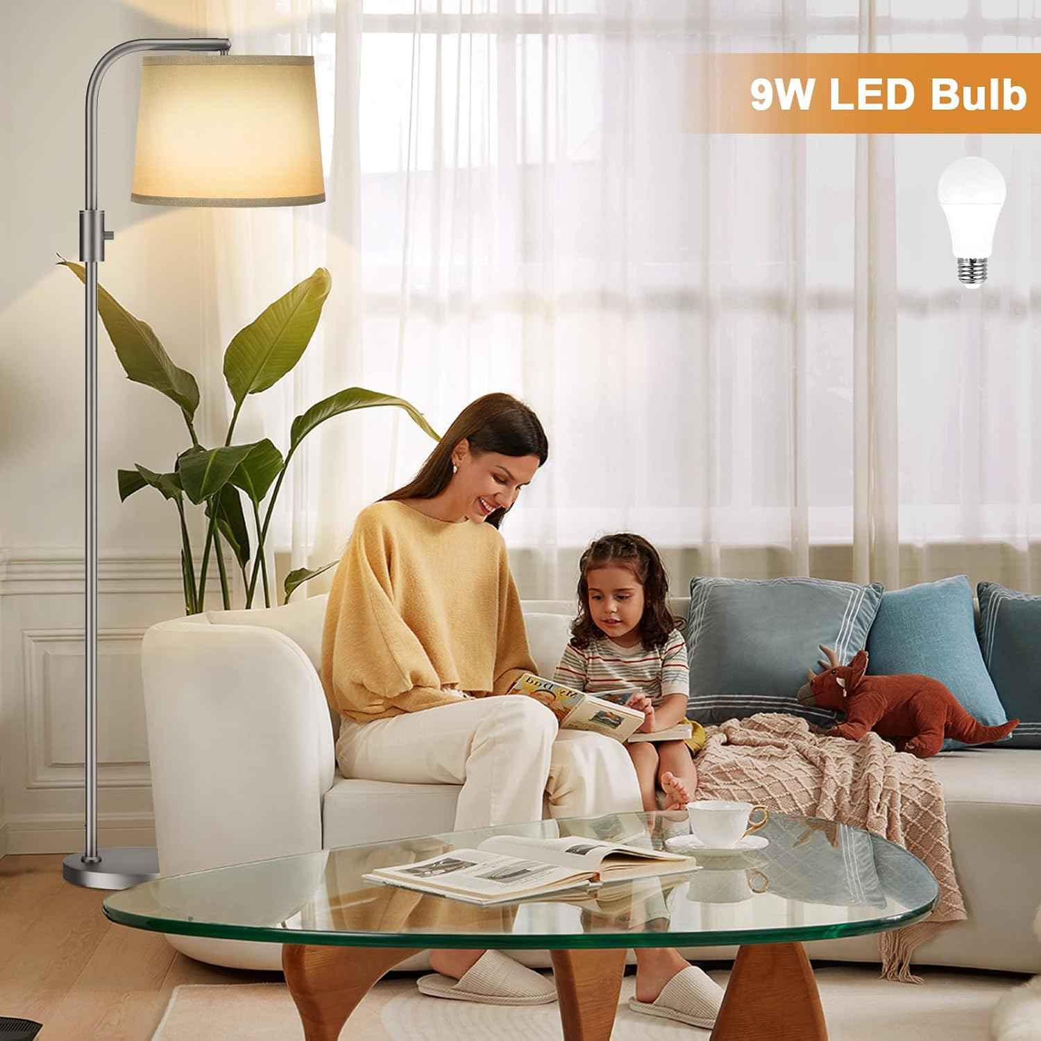 Modern Dimmable Floor Lamp with 9W LED Bulbs - Stylish Standing Light for Living Room & Bedroom (Gold & White)