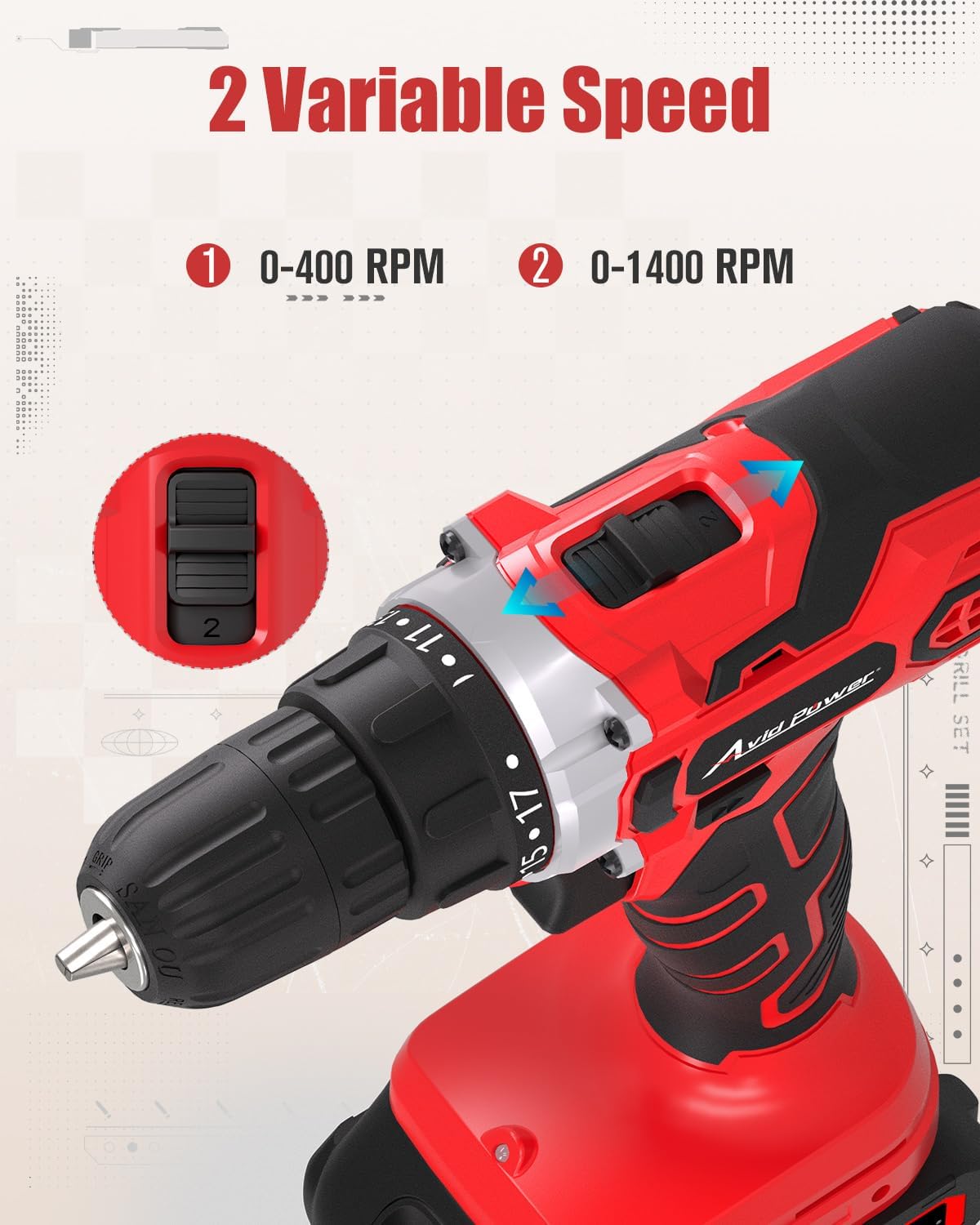 AVID POWER 20V MAX Cordless Power Drill Kit with Battery & Charger - 19 Torque Settings, 22 Bits