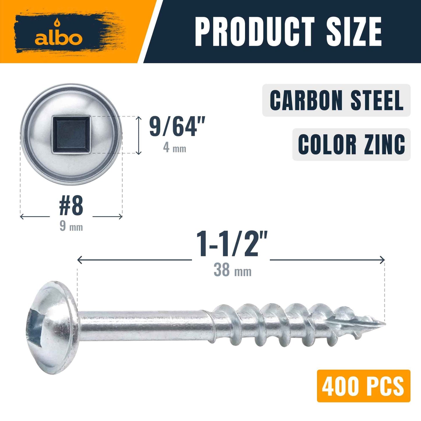 Albo Pocket Hole Screws #8 × 1-1/2" Set 400 PCS Zinc Carbon Steel Self-Tapping Robertson Square Drive Washer Head Cabinet Wood Screws, Pocket Jig Fasteners Assortment, 6" (150 mm) Bit Included