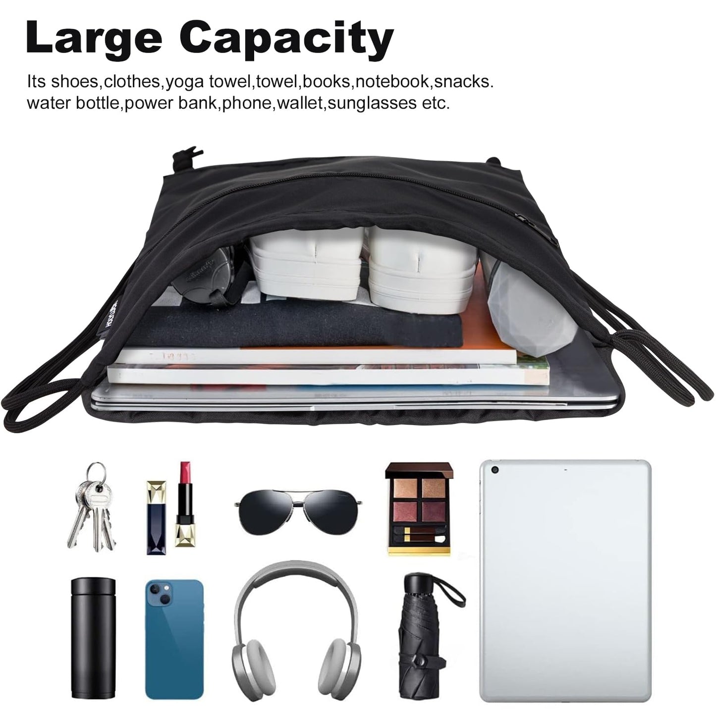 HOLYLUCK Drawstring Bags Backpack Sackpack Cinch Bags for Sports, Gym, Travel, Beach (Black)