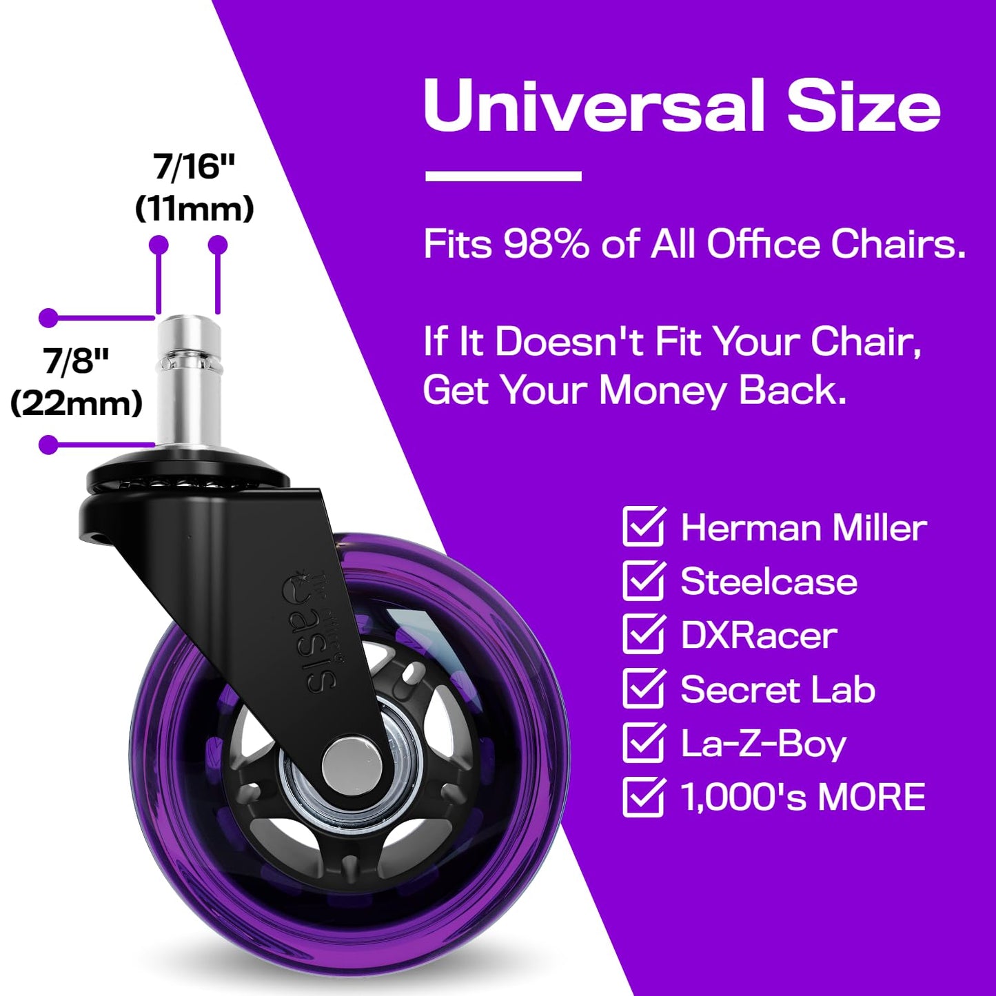 Original Rollerblade Office Chair Wheels - Smooth, Quiet Casters for Hardwood & Carpet - Easy Universal Fit - Set of 5