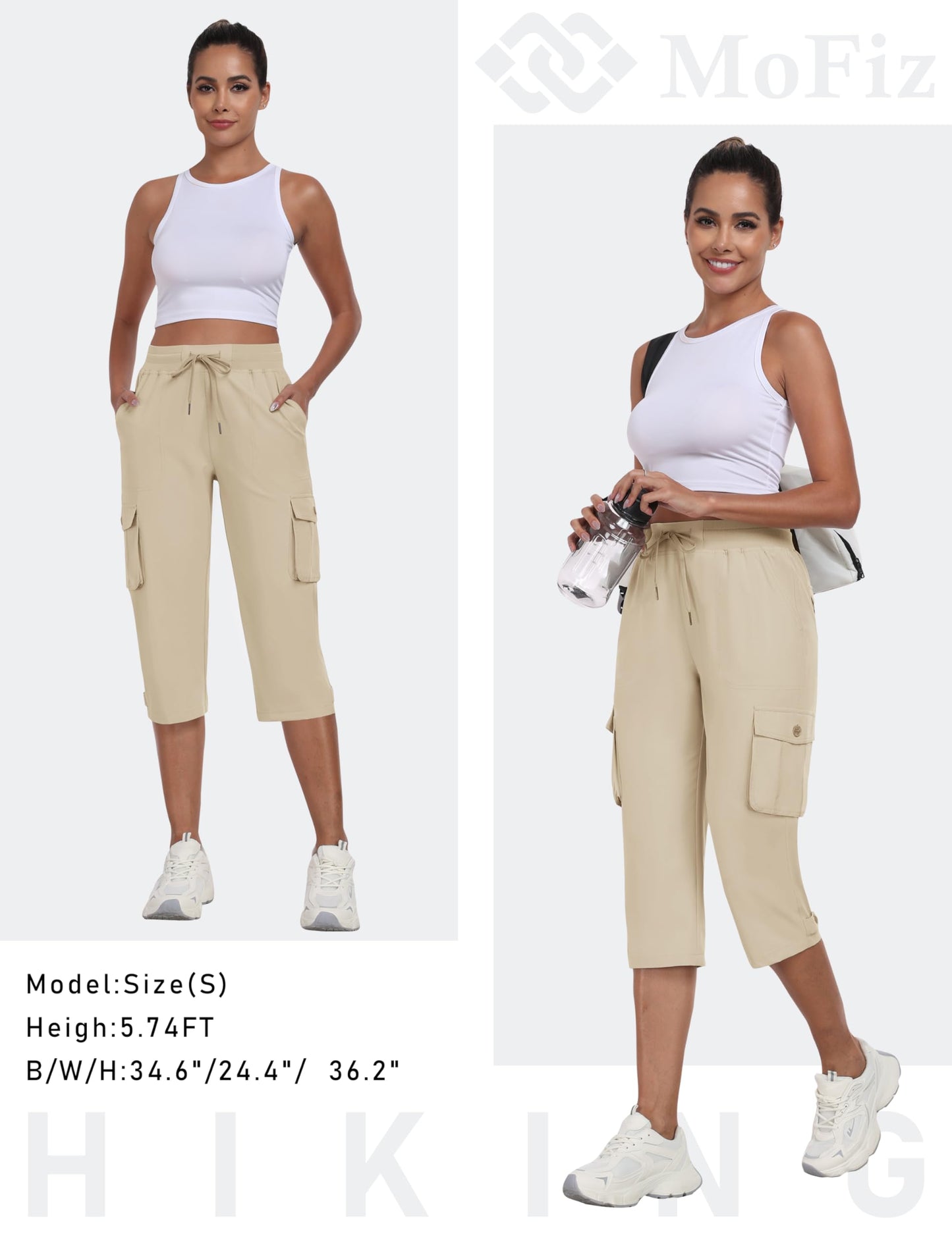 MoFiz Womens Capris with Pockets Loose Fit Casual Capri Pants Lightweight Ladies Cargo Pants for Hiking Khaki XL