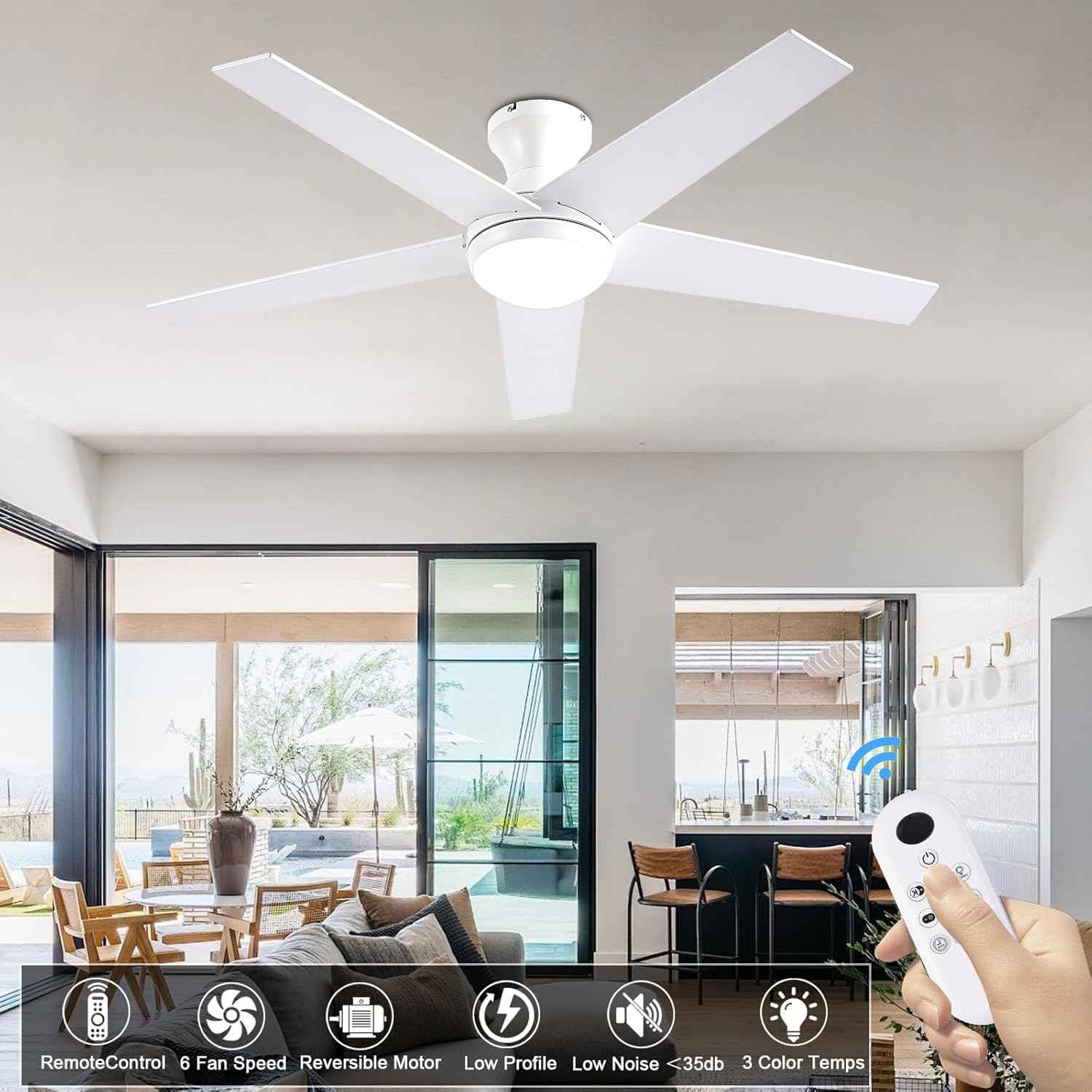 48-Inch Low Profile Ceiling Fan with Lights & Remote Control - Dimmable, Noiseless, Reversible Motor for Bedroom & Indoor/Outdoor Use