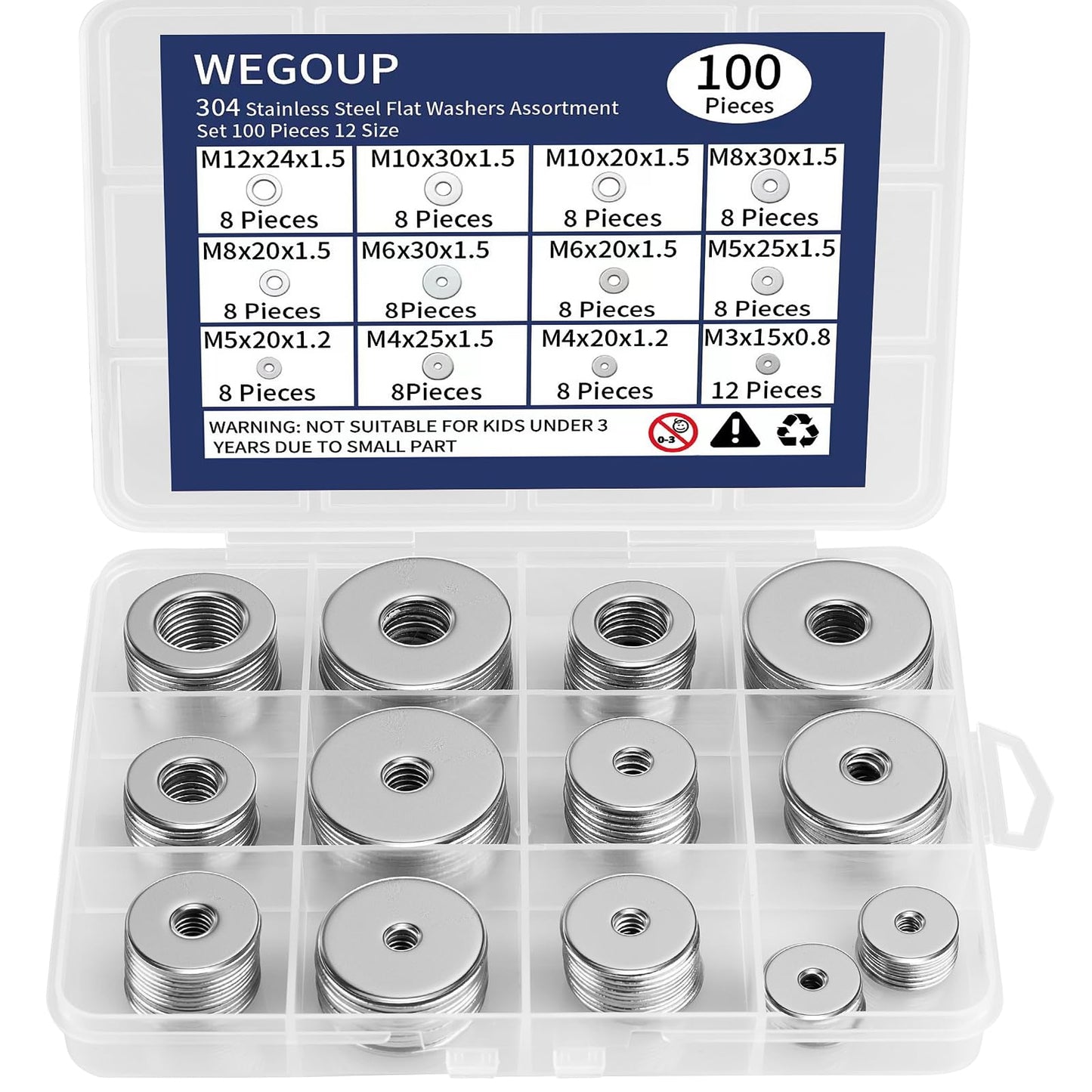 WEGOUP 18-8(304) Stainless Steel Metal Flat Washers for Screws and Bolts, 100 Pieces Assorted Washers Kit (12 Sizes M3-M12), Large and Small Hardware