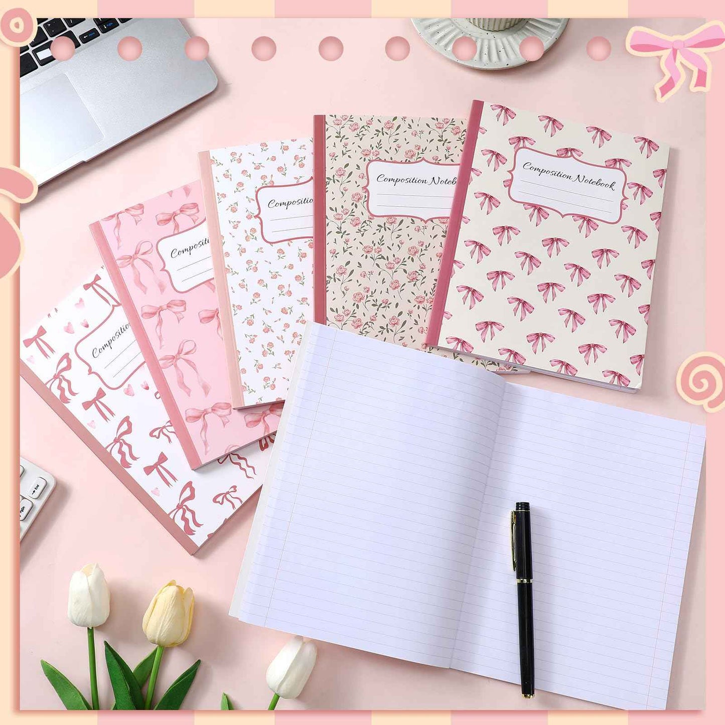 Fullhawl 6 Pcs Bow Composition Notebooks, Preppy Coquette Notebook College Ruled Journal, 110 Page, Cute Back to School Gift for Teacher, Student, First Day of Schooll(Pink,9-3/4 x 7-1/2")