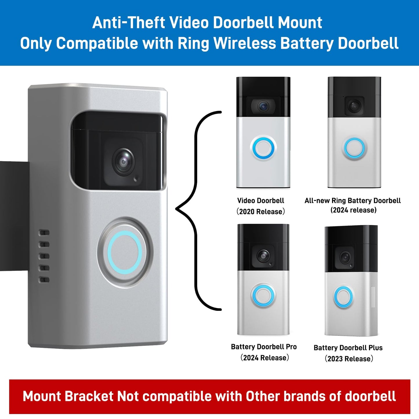 Anti-Theft Ring/Doorbell Mount Compatible with Ring Battery Doorbell and Battery Doorbell Plus/Pro No-Drill Doorbell Holder Accessories for Houses, Apartments (Silver)